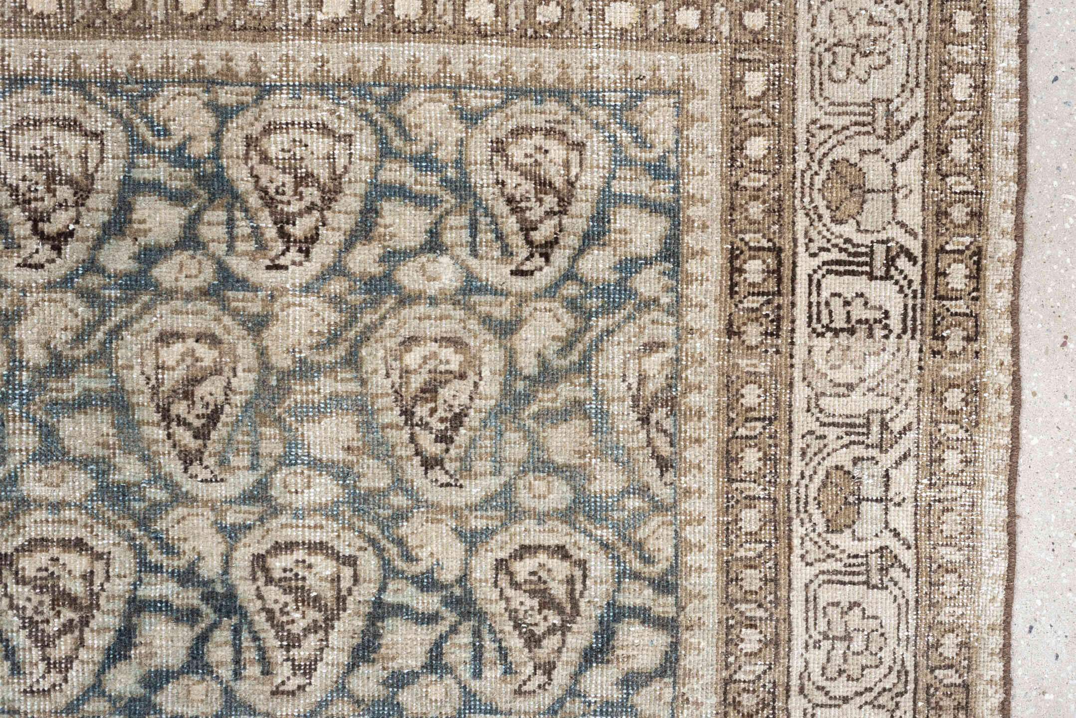 5' x 8' one-of-a-kind handmade antique Malayer medium size rug. Color palette: ivory, sky blue, taupe, brown, beige