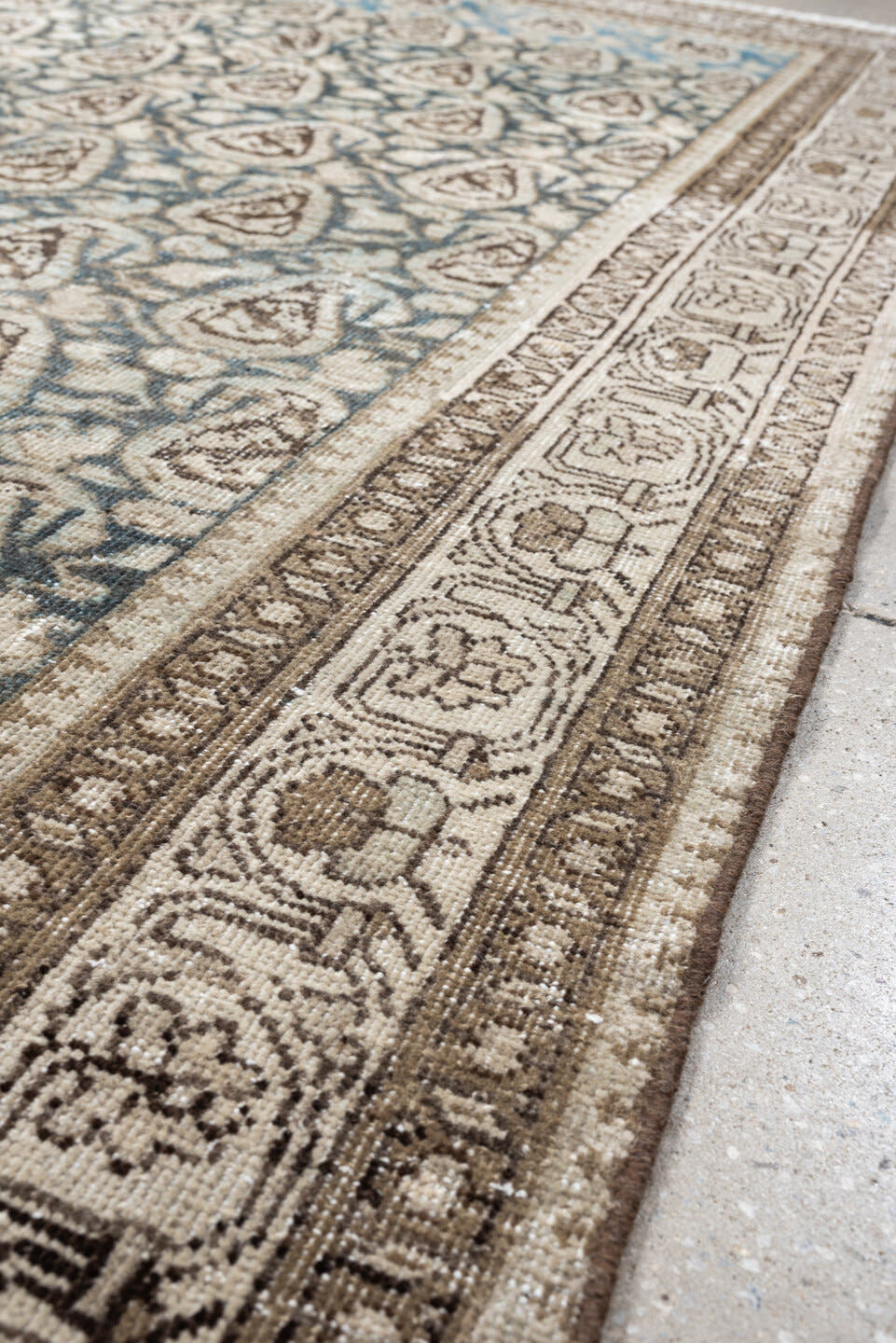 5' x 8' one-of-a-kind handmade antique Malayer medium size rug. Color palette: ivory, sky blue, taupe, brown, beige