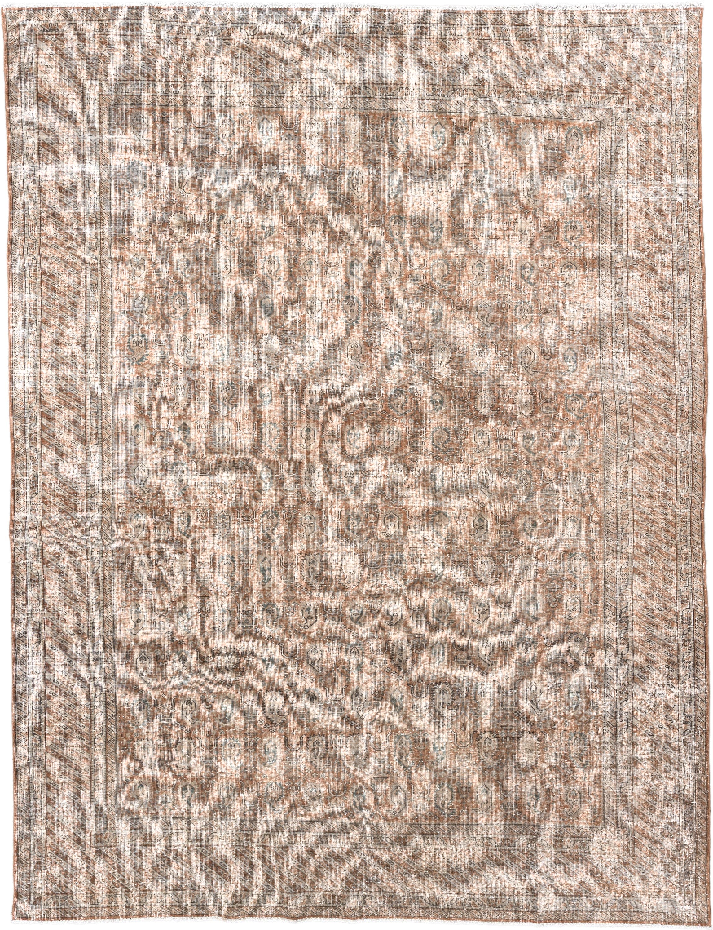 8' x 11' one-of-a-kind handmade antique Sparta large size rug. Color palette: terra cotta, ivory, beige, taupe, sage, camel