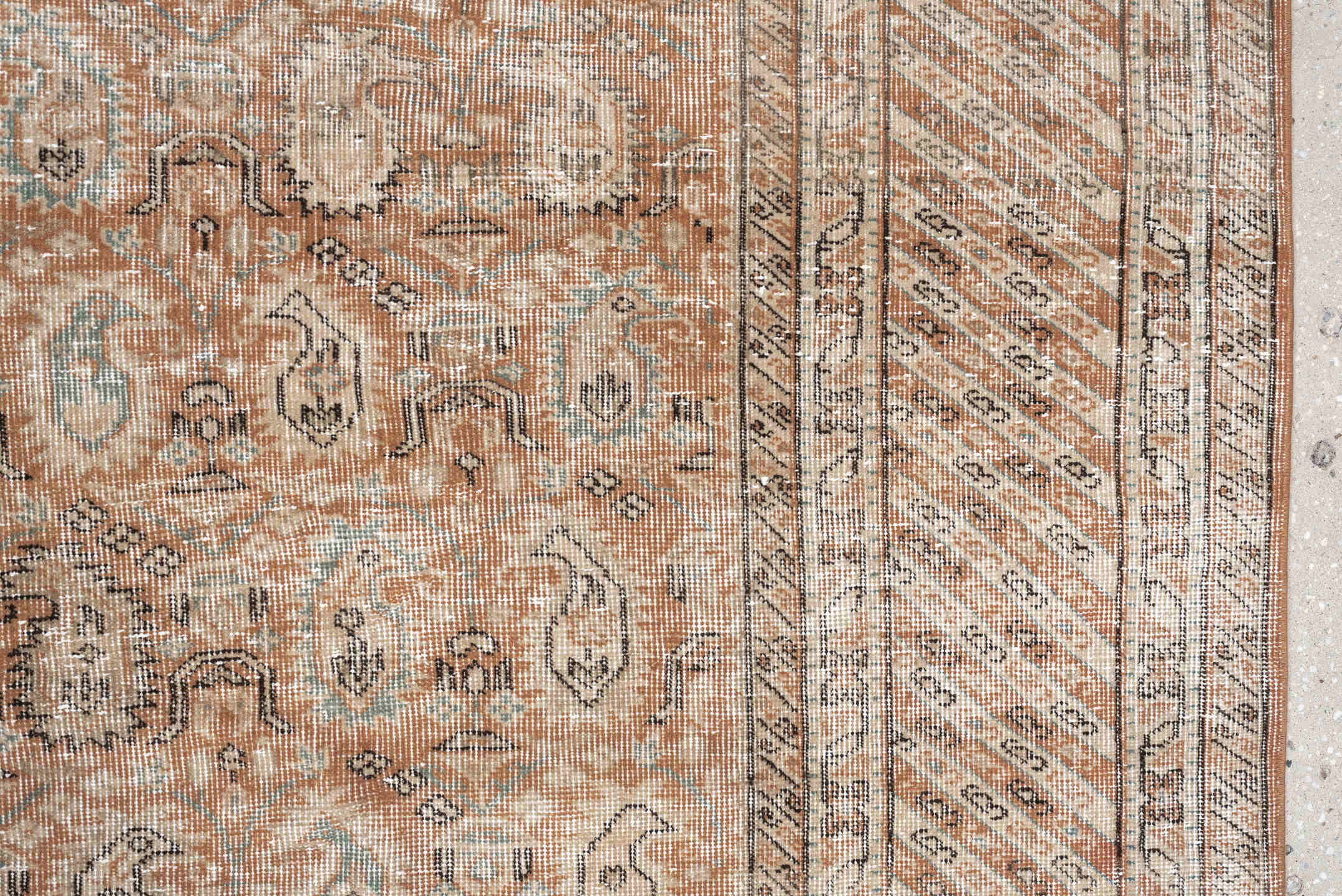 8' x 11' one-of-a-kind handmade antique Sparta large size rug. Color palette: terra cotta, ivory, beige, taupe, sage, camel