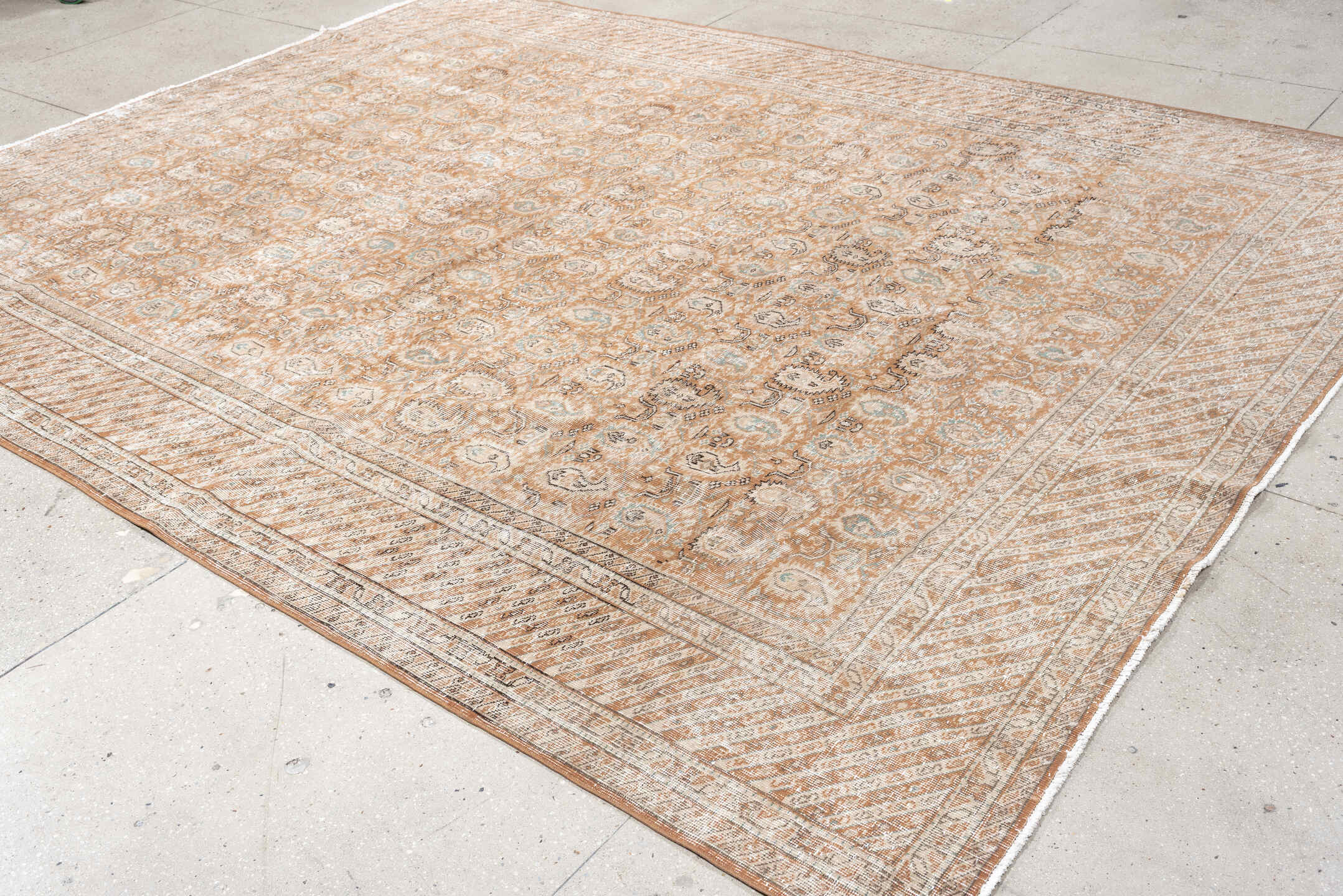 8' x 11' one-of-a-kind handmade antique Sparta large size rug. Color palette: terra cotta, ivory, beige, taupe, sage, camel