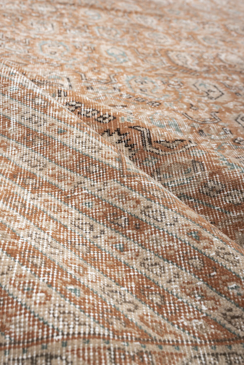 8' x 11' one-of-a-kind handmade antique Sparta large size rug. Color palette: terra cotta, ivory, beige, taupe, sage, camel