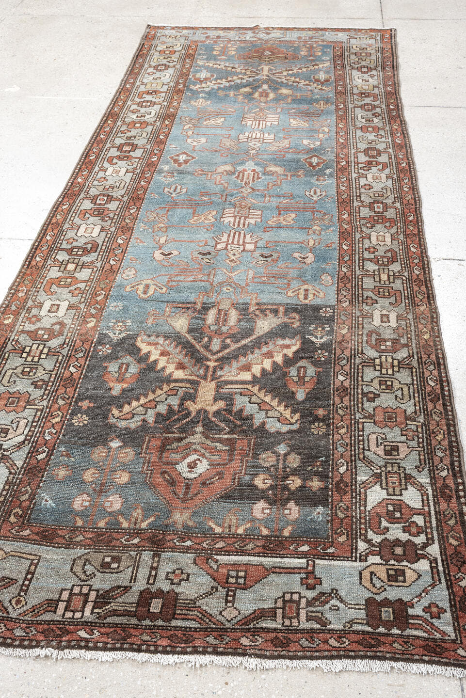 3' x 9' one-of-a-kind handmade antique Hamadan runner rug. Color palette: sky blue, rust, ivory, charcoal, slate, rose