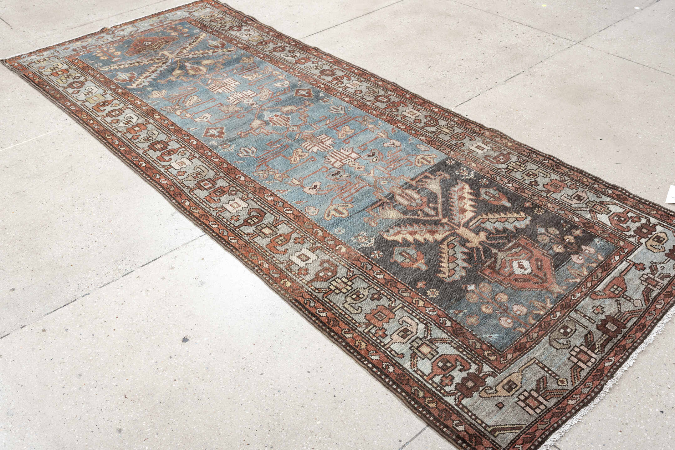 3' x 9' one-of-a-kind handmade antique Hamadan runner rug. Color palette: sky blue, rust, ivory, charcoal, slate, rose