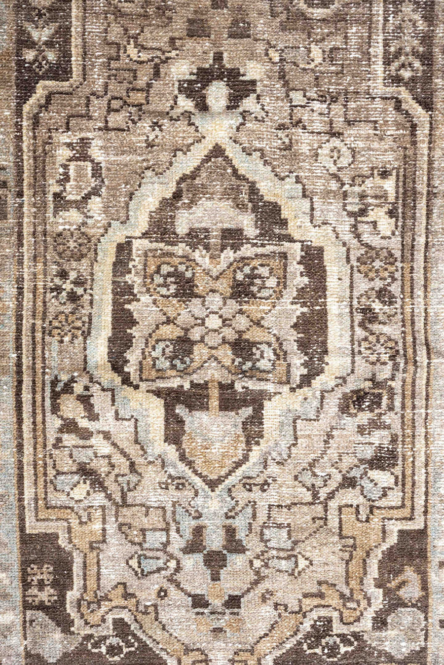 3' x 6' one-of-a-kind handmade antique Malayer small size rug. Color palette: taupe, ivory, brown, pale blue, camel