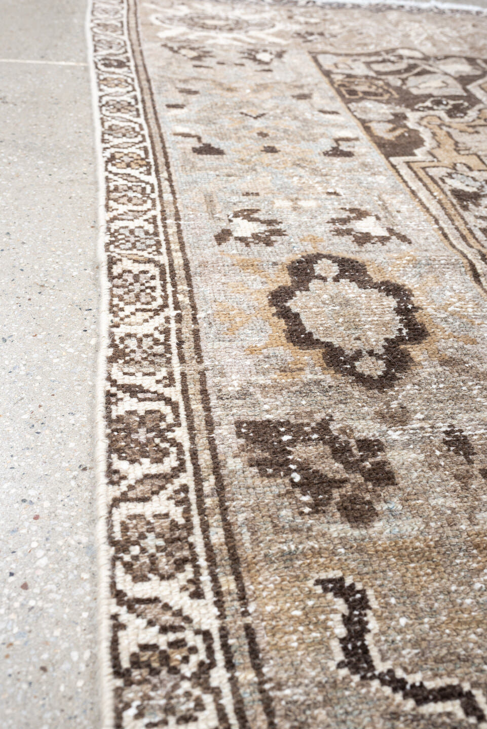 3' x 6' one-of-a-kind handmade antique Malayer small size rug. Color palette: taupe, ivory, brown, pale blue, camel