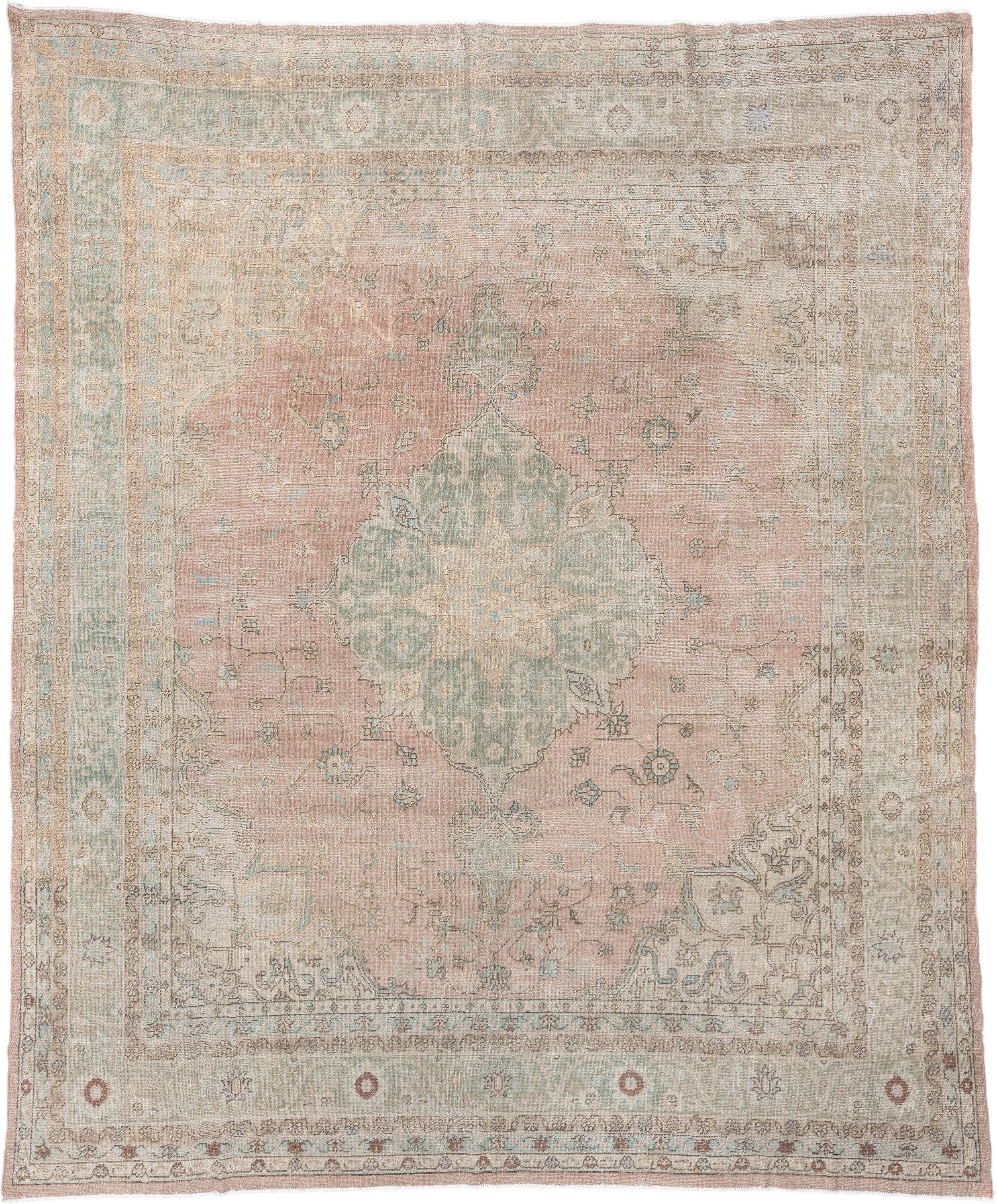 10' x 13' one-of-a-kind handmade antique Oushak oversize rug. Color palette: blush, ivory, pale aqua, taupe, beige, sage
