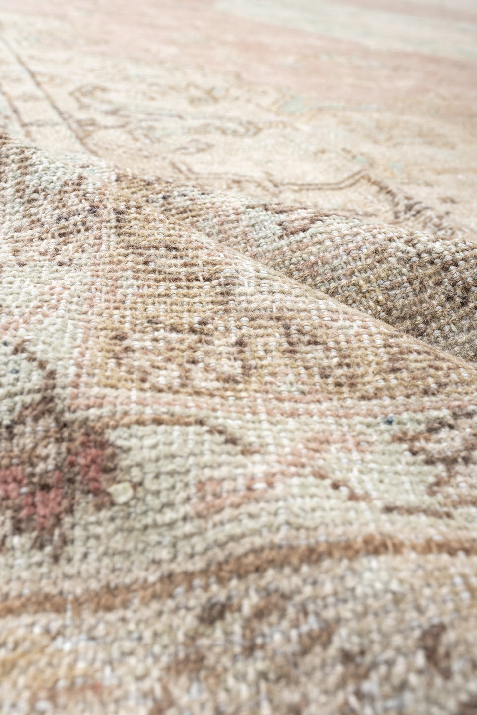 10' x 13' one-of-a-kind handmade antique Oushak oversize rug. Color palette: blush, ivory, pale aqua, taupe, beige, sage