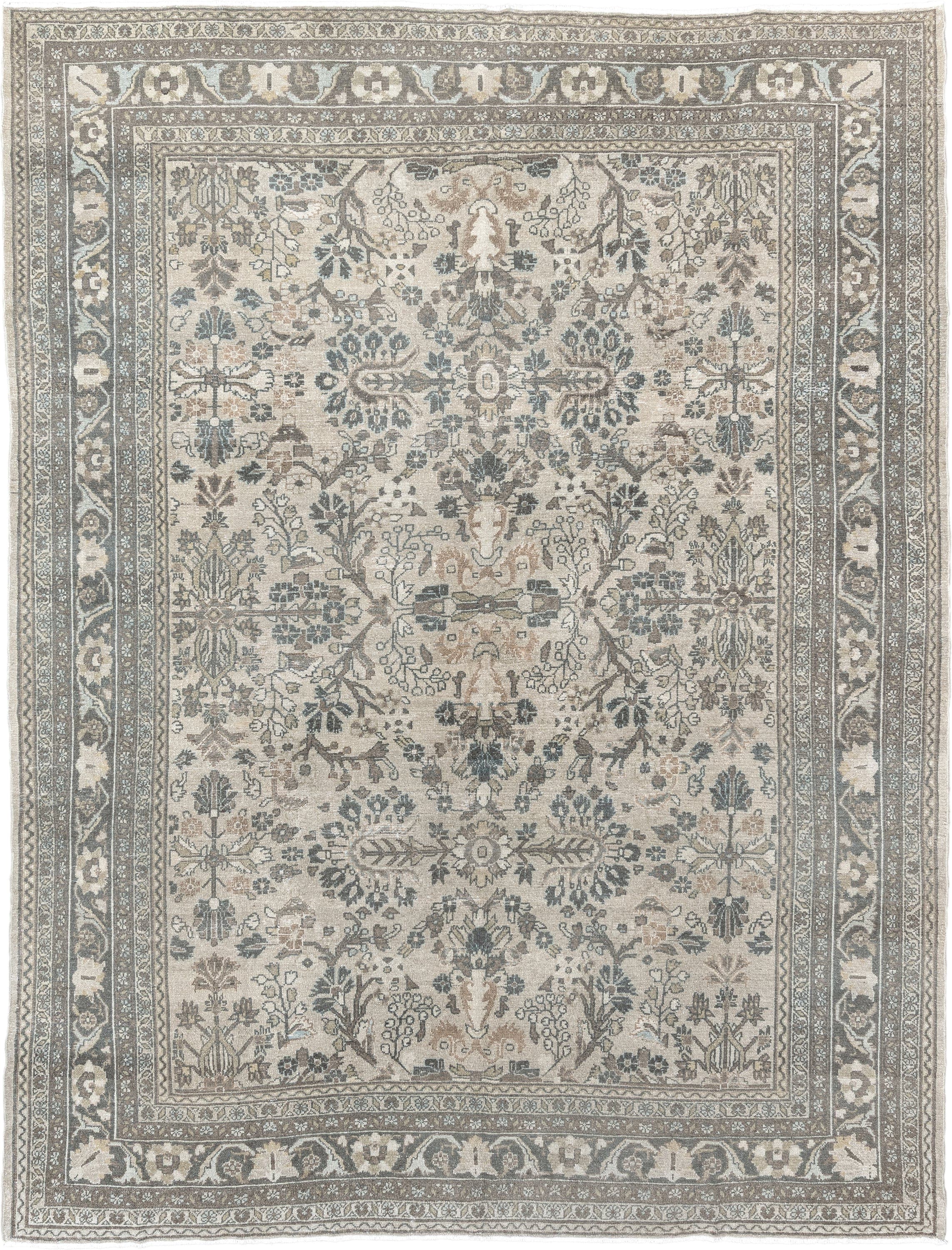 9' x 11' one-of-a-kind handmade antique Bibikabad large size rug. Color palette: ivory, taupe, slate, beige, camel, sage