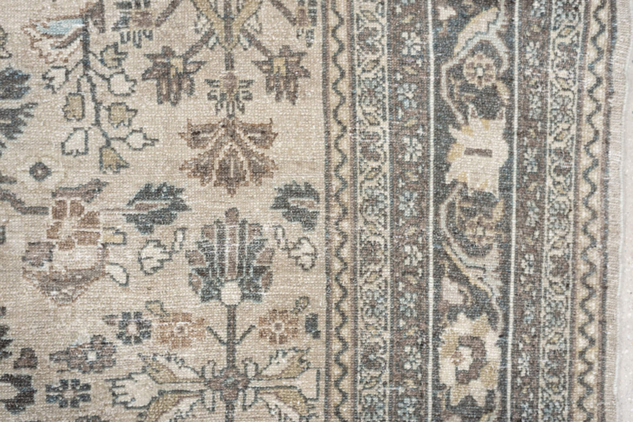 9' x 11' one-of-a-kind handmade antique Bibikabad large size rug. Color palette: ivory, taupe, slate, beige, camel, sage