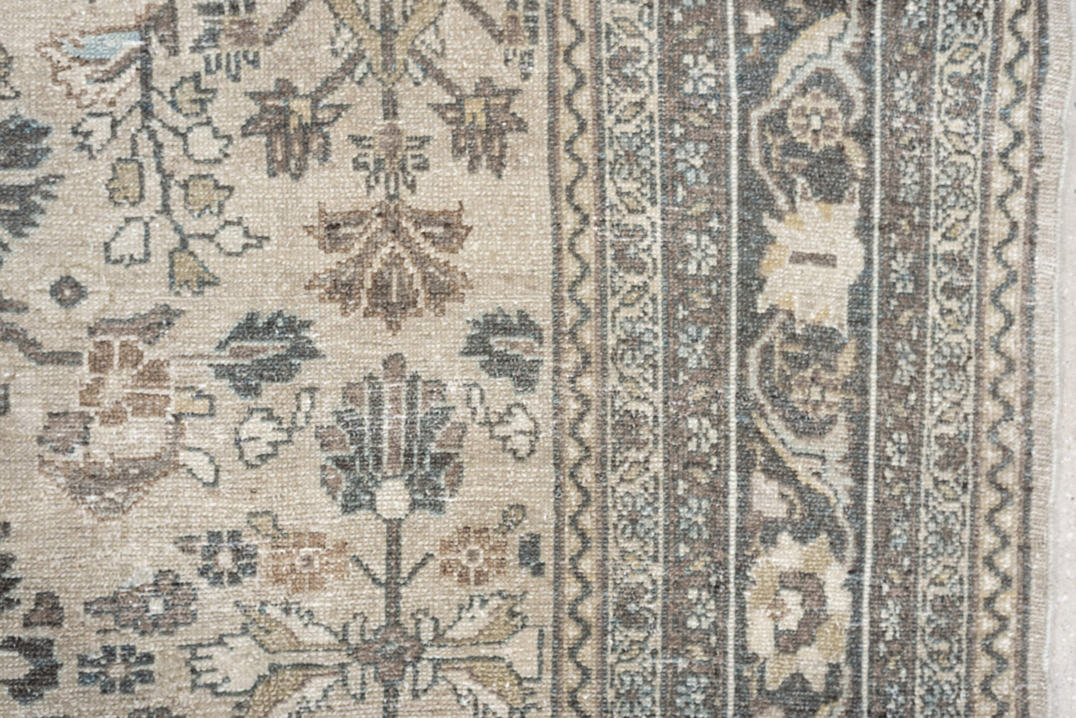 9' x 11' one-of-a-kind handmade antique Bibikabad large size rug. Color palette: ivory, taupe, slate, beige, camel, sage