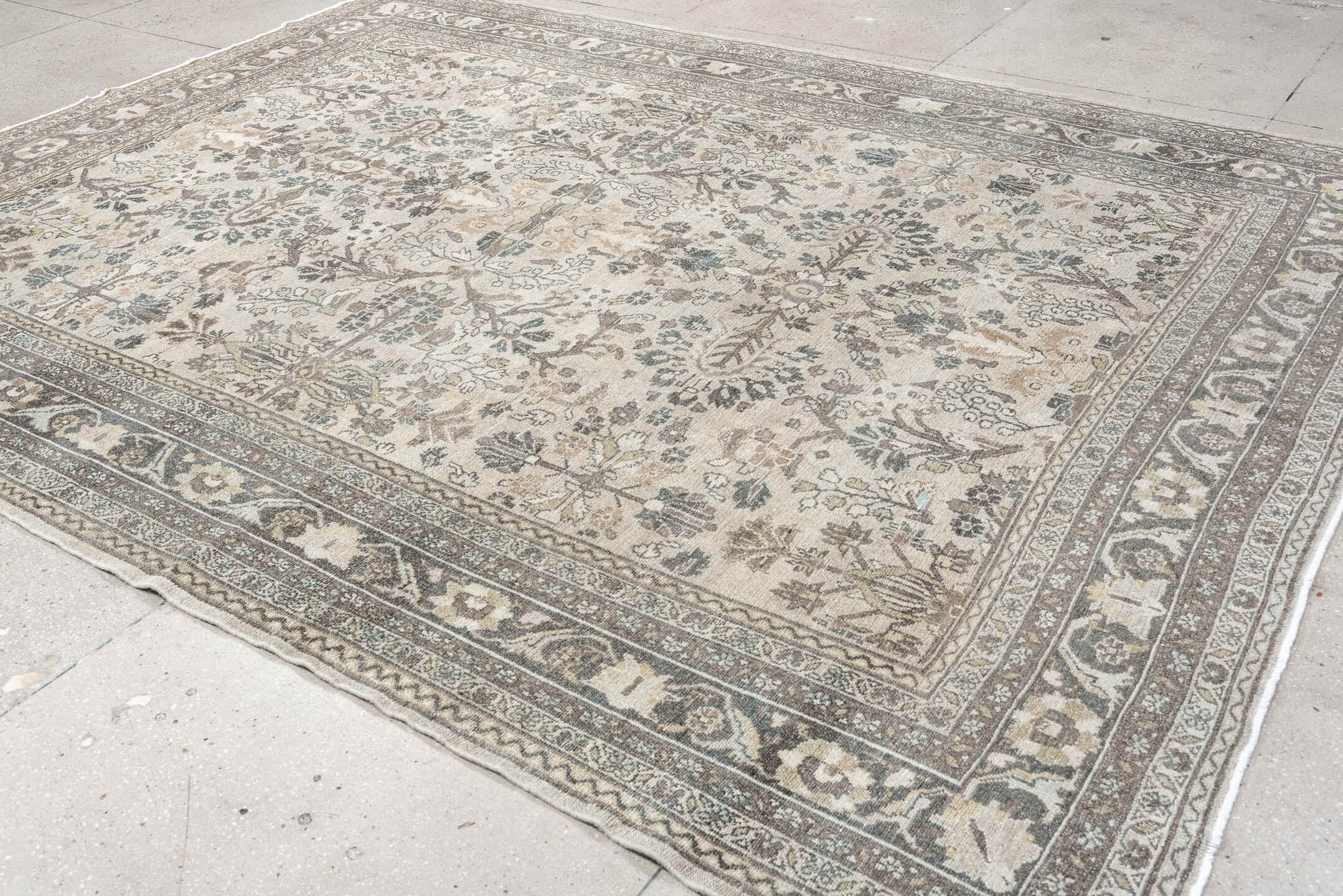 9' x 11' one-of-a-kind handmade antique Bibikabad large size rug. Color palette: ivory, taupe, slate, beige, camel, sage