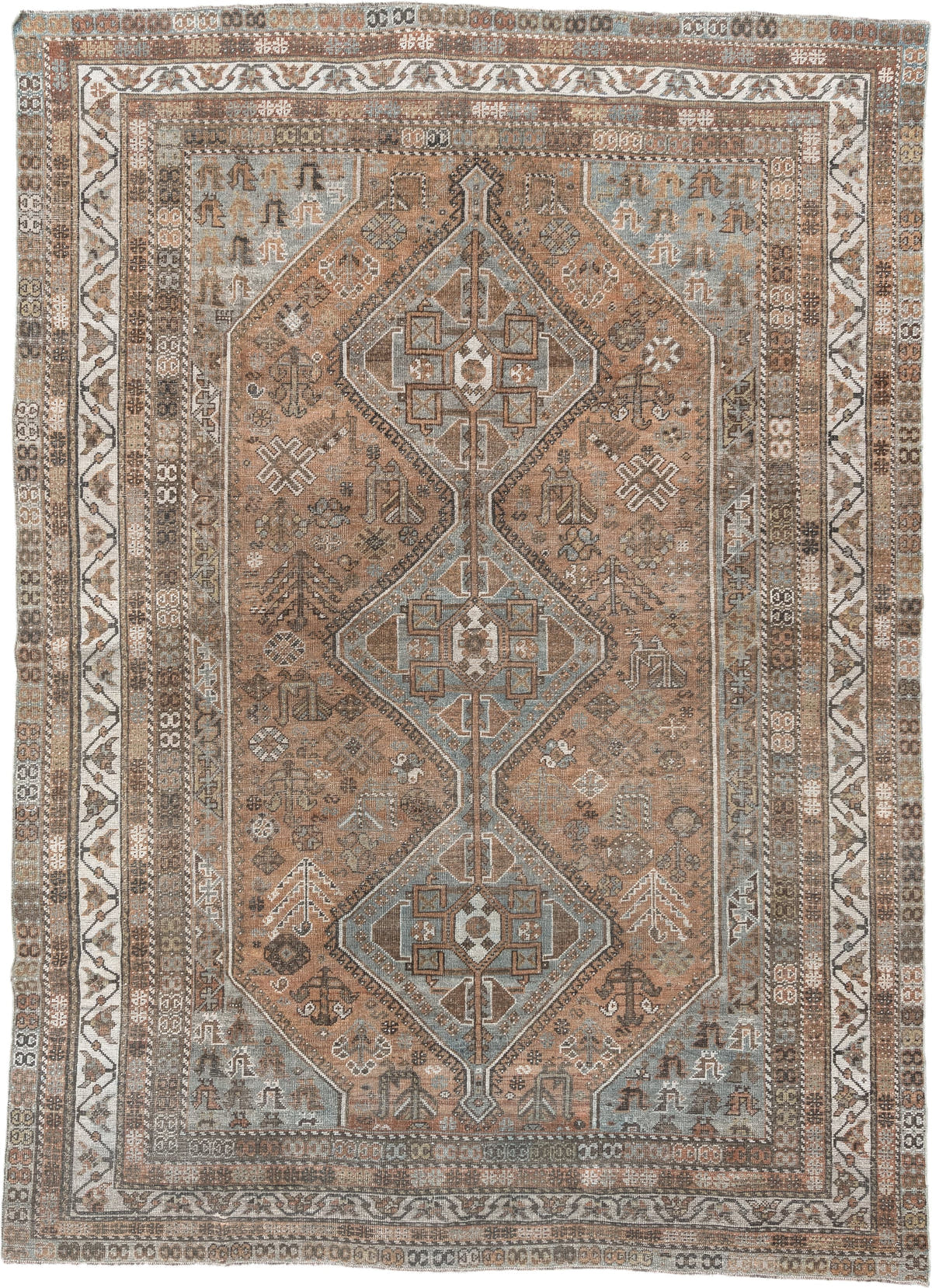 7' x 10' one-of-a-kind handmade antique Shiraz large size rug. Color palette: terra cotta, sky blue, ivory, taupe, brown