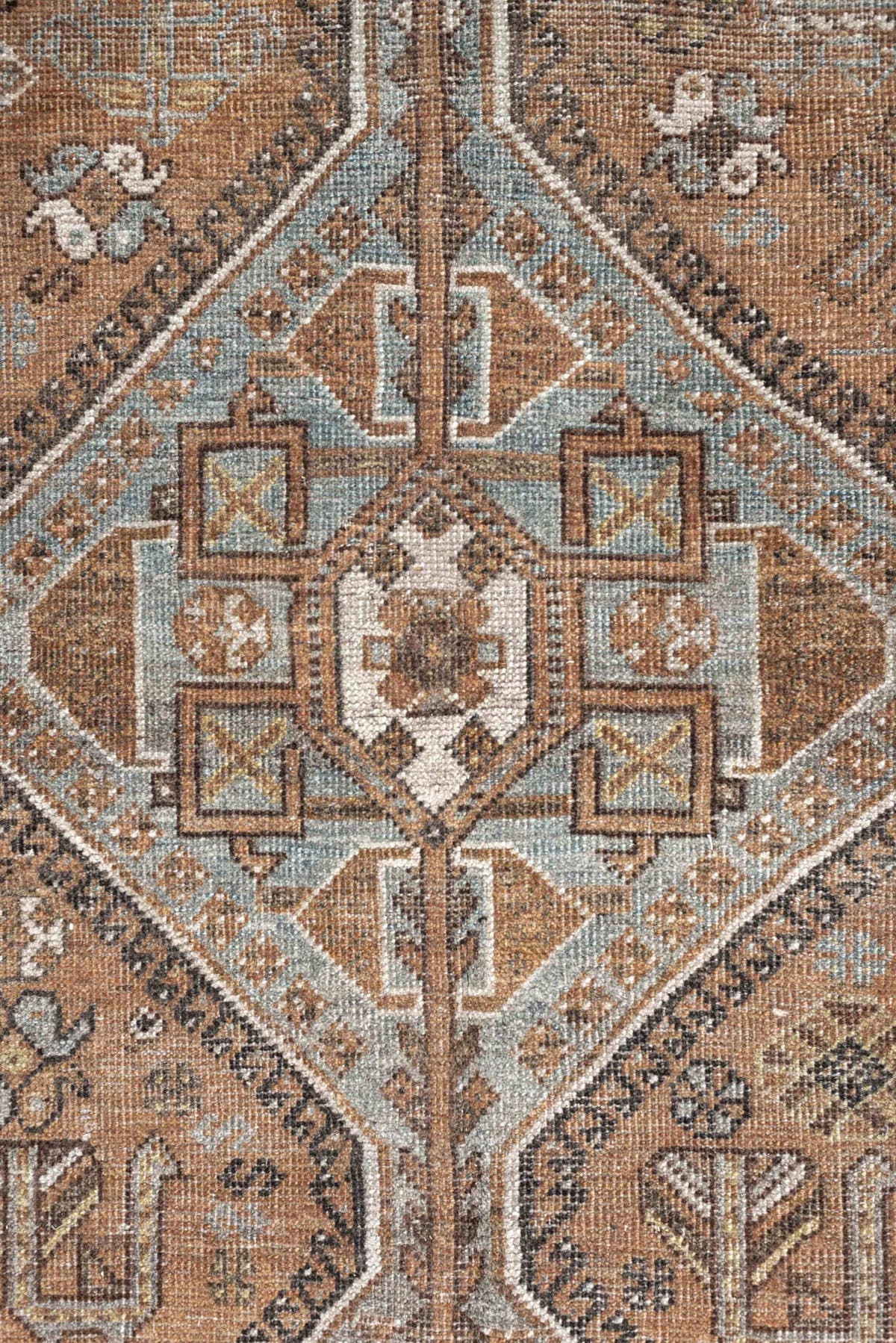 7' x 10' one-of-a-kind handmade antique Shiraz large size rug. Color palette: terra cotta, sky blue, ivory, taupe, brown