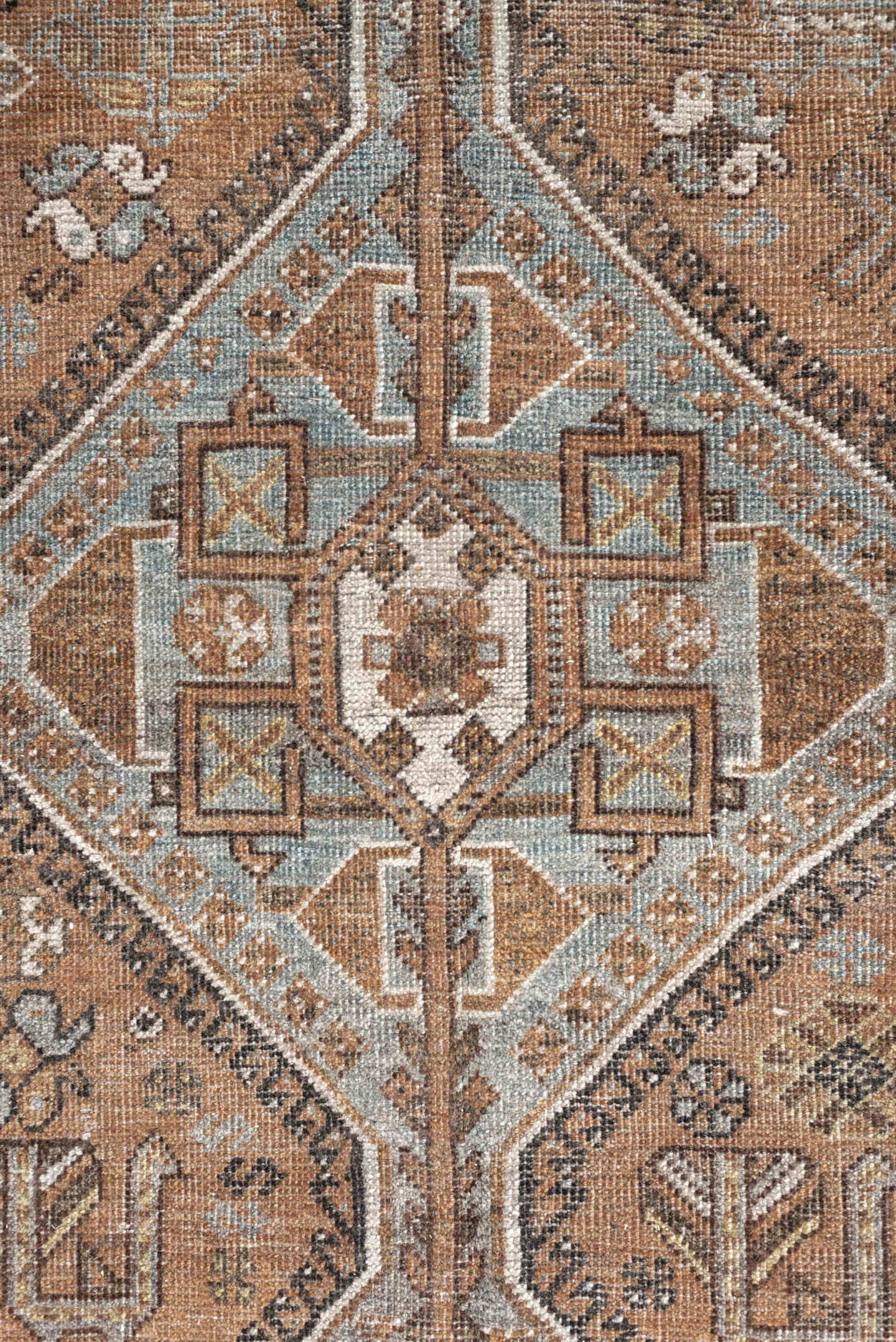7' x 10' one-of-a-kind handmade antique Shiraz large size rug. Color palette: terra cotta, sky blue, ivory, taupe, brown