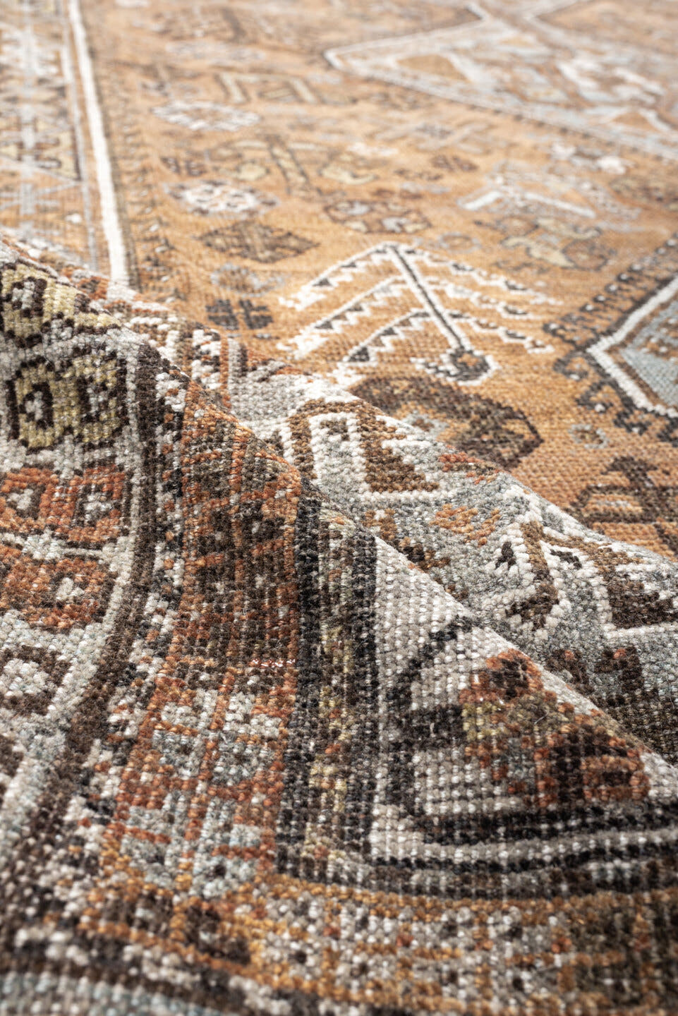 7' x 10' one-of-a-kind handmade antique Shiraz large size rug. Color palette: terra cotta, sky blue, ivory, taupe, brown