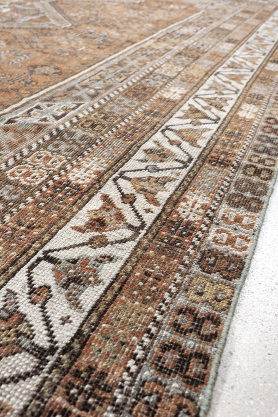 7' x 10' one-of-a-kind handmade antique Shiraz large size rug. Color palette: terra cotta, sky blue, ivory, taupe, brown