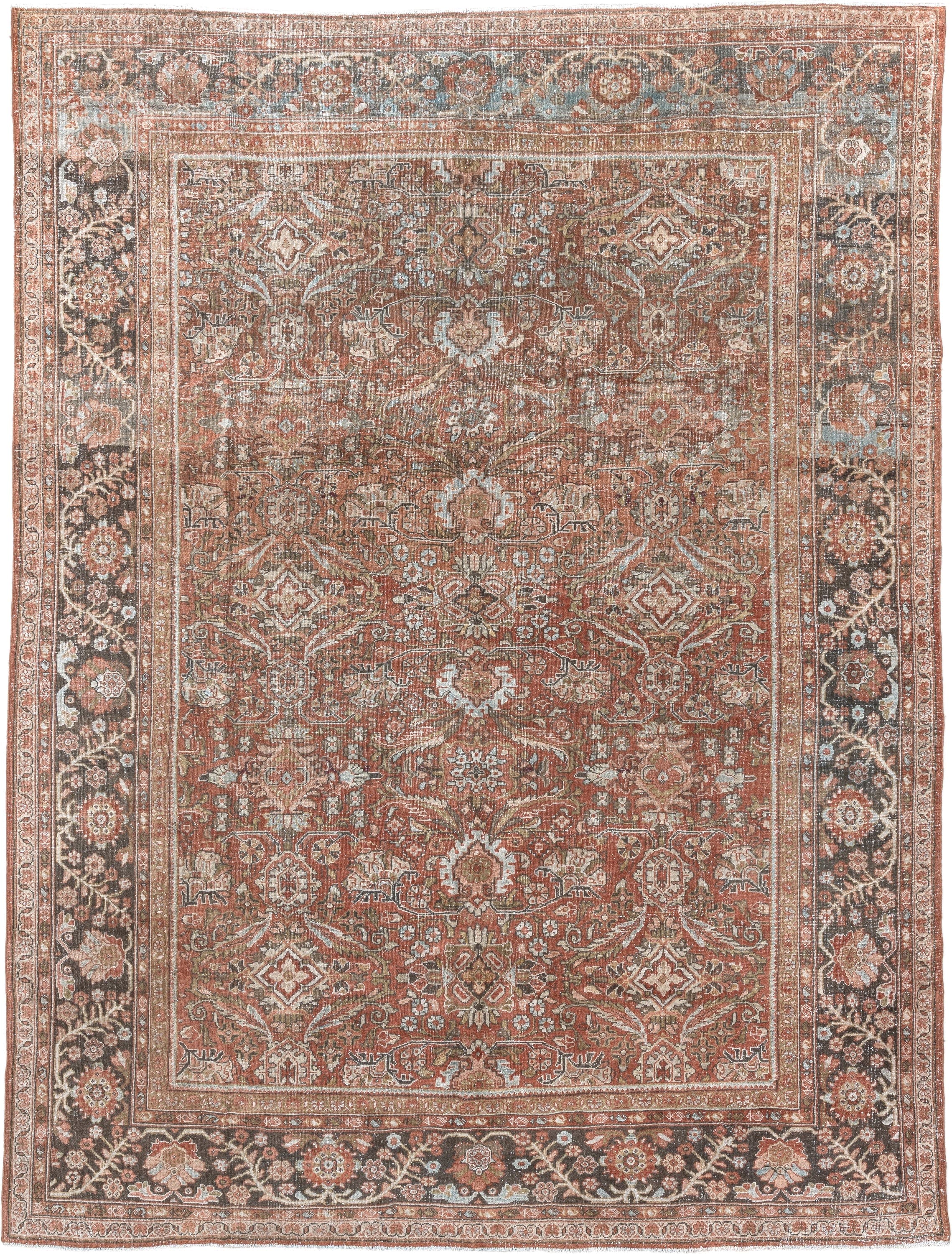 9' x 11' one-of-a-kind handmade antique Mahal large size rug. Color palette: terra cotta, brown, ivory, slate, camel