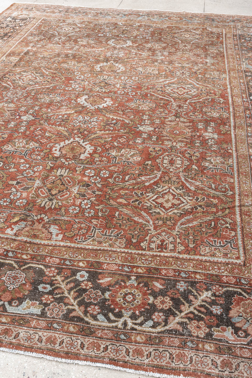 9' x 11' one-of-a-kind handmade antique Mahal large size rug. Color palette: terra cotta, brown, ivory, slate, camel
