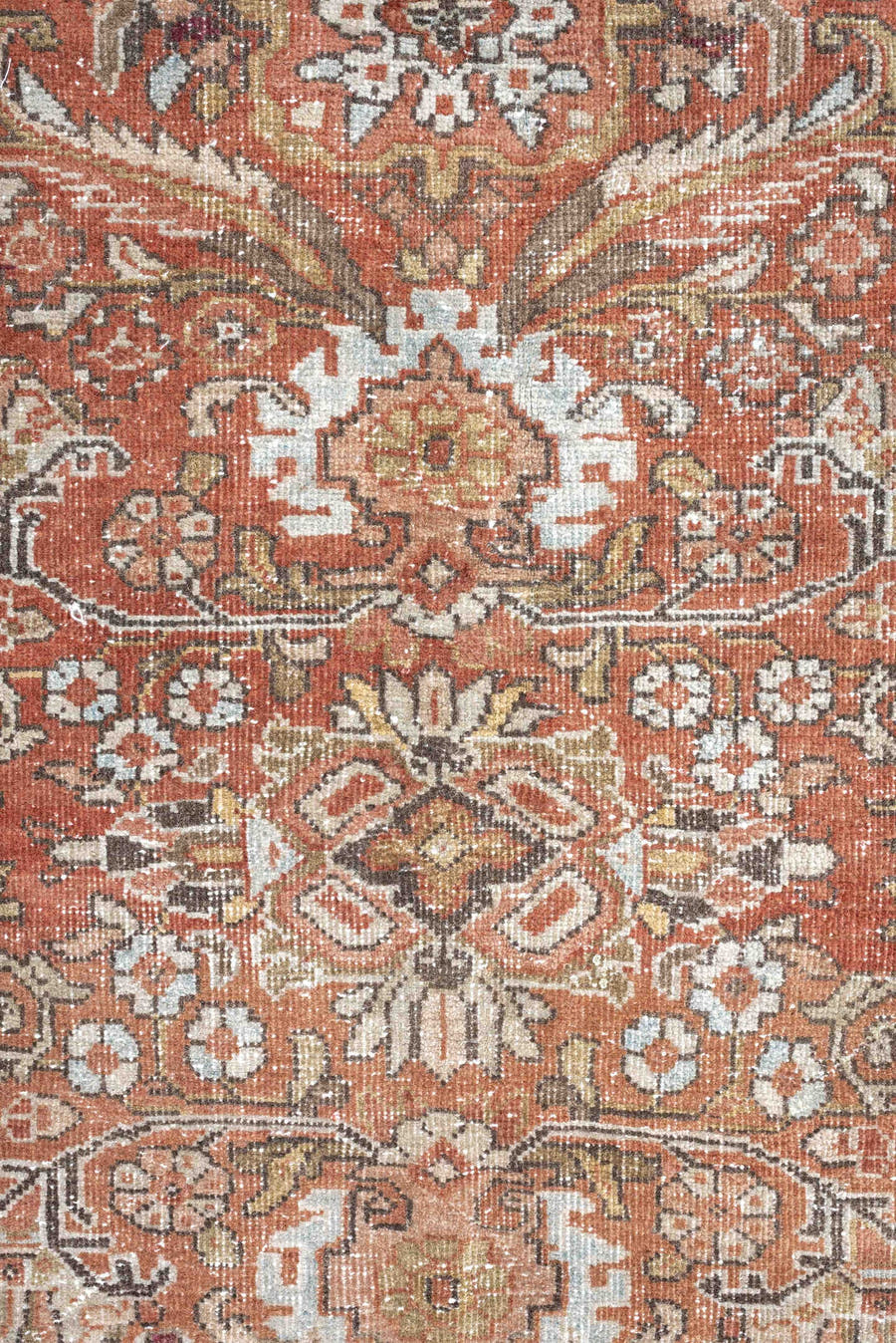 9' x 11' one-of-a-kind handmade antique Mahal large size rug. Color palette: terra cotta, brown, ivory, slate, camel