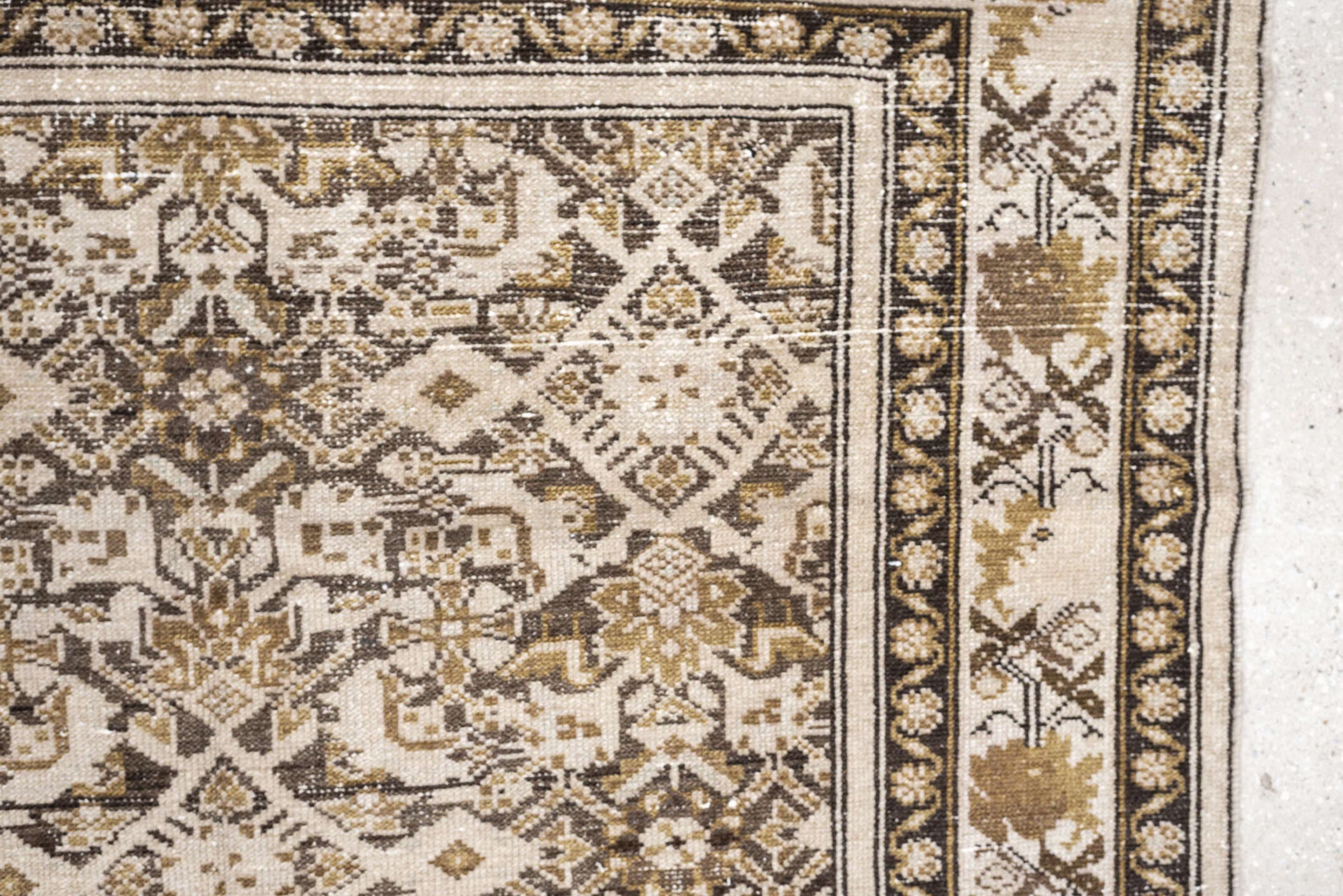 3' x 6' one-of-a-kind handmade antique Malayer small size rug. Color palette: ivory, taupe, camel, charcoal, gold, beige