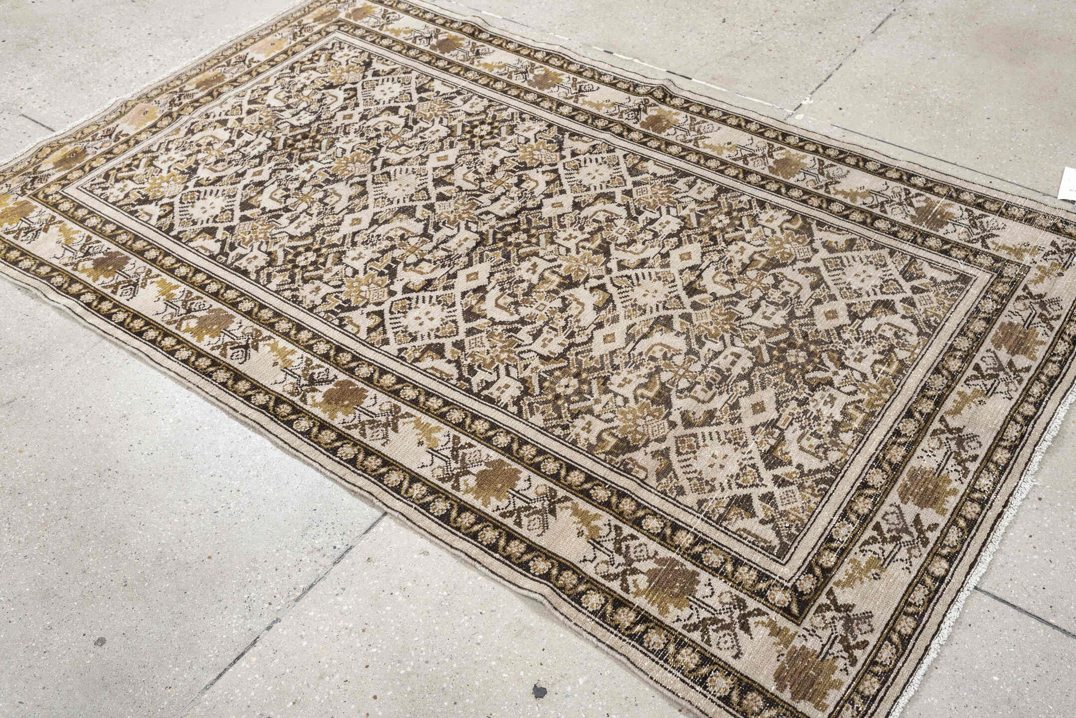 3' x 6' one-of-a-kind handmade antique Malayer small size rug. Color palette: ivory, taupe, camel, charcoal, gold, beige