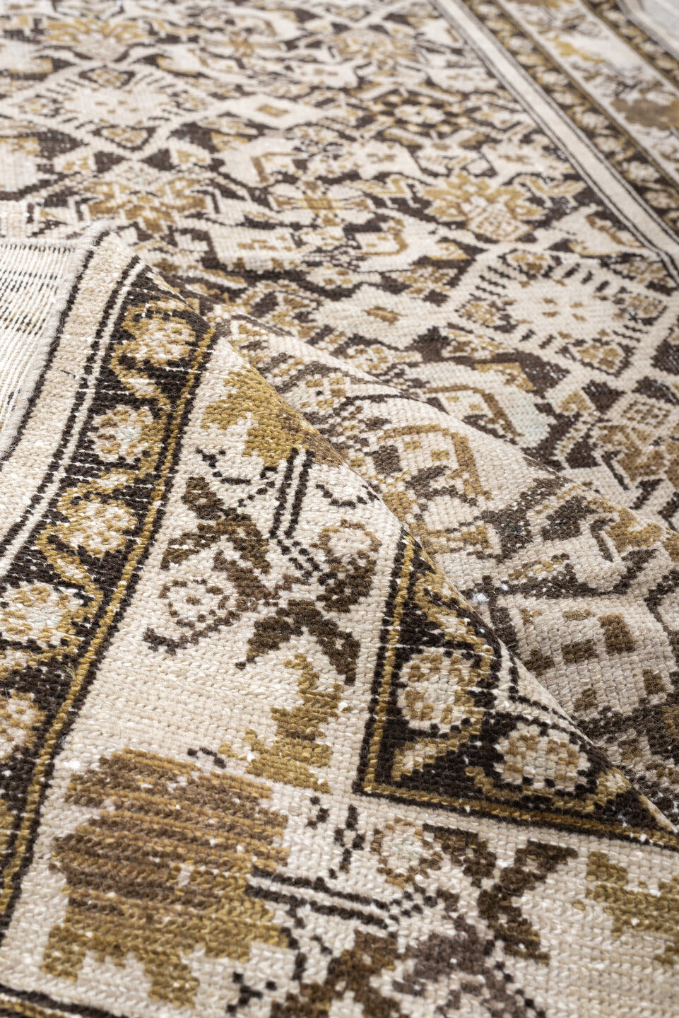 3' x 6' one-of-a-kind handmade antique Malayer small size rug. Color palette: ivory, taupe, camel, charcoal, gold, beige