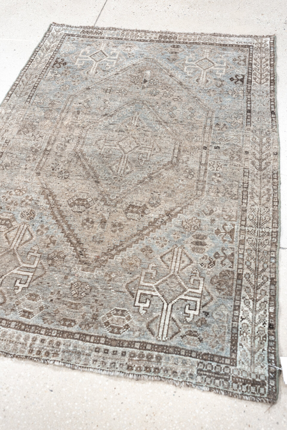 3' x 4' one-of-a-kind handmade antique Shiraz small size rug. Color palette: taupe, ivory, light blue, brown, beige, gray