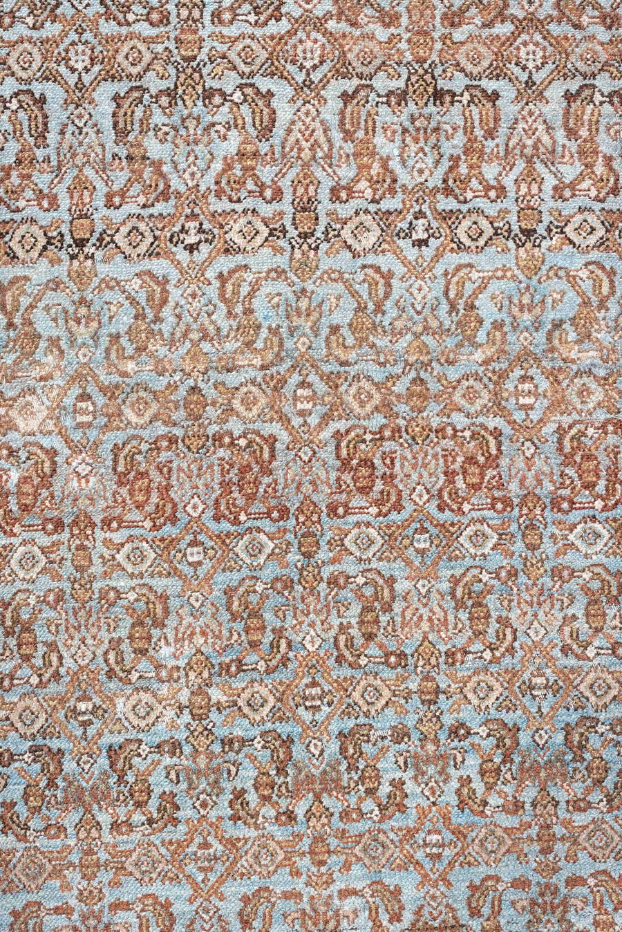 13' x 19' one-of-a-kind handmade antique Bibikabad oversize rug. Color palette: terra cotta, ivory, pale blue, taupe, camel