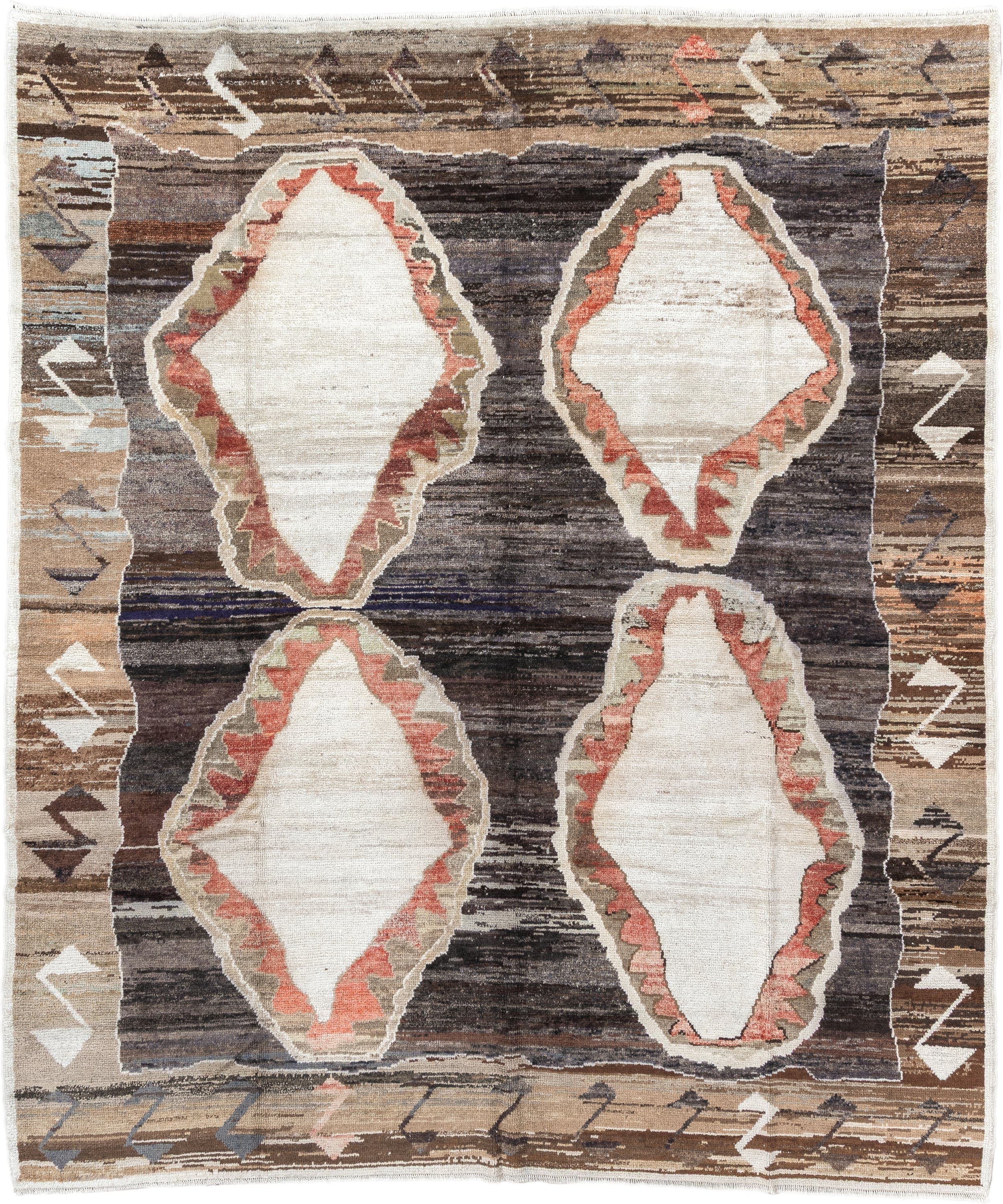 8' x 9' one-of-a-kind handmade antique Kars rug. Color palette: brown, ivory, taupe, charcoal, camel, coral, slate, cream
