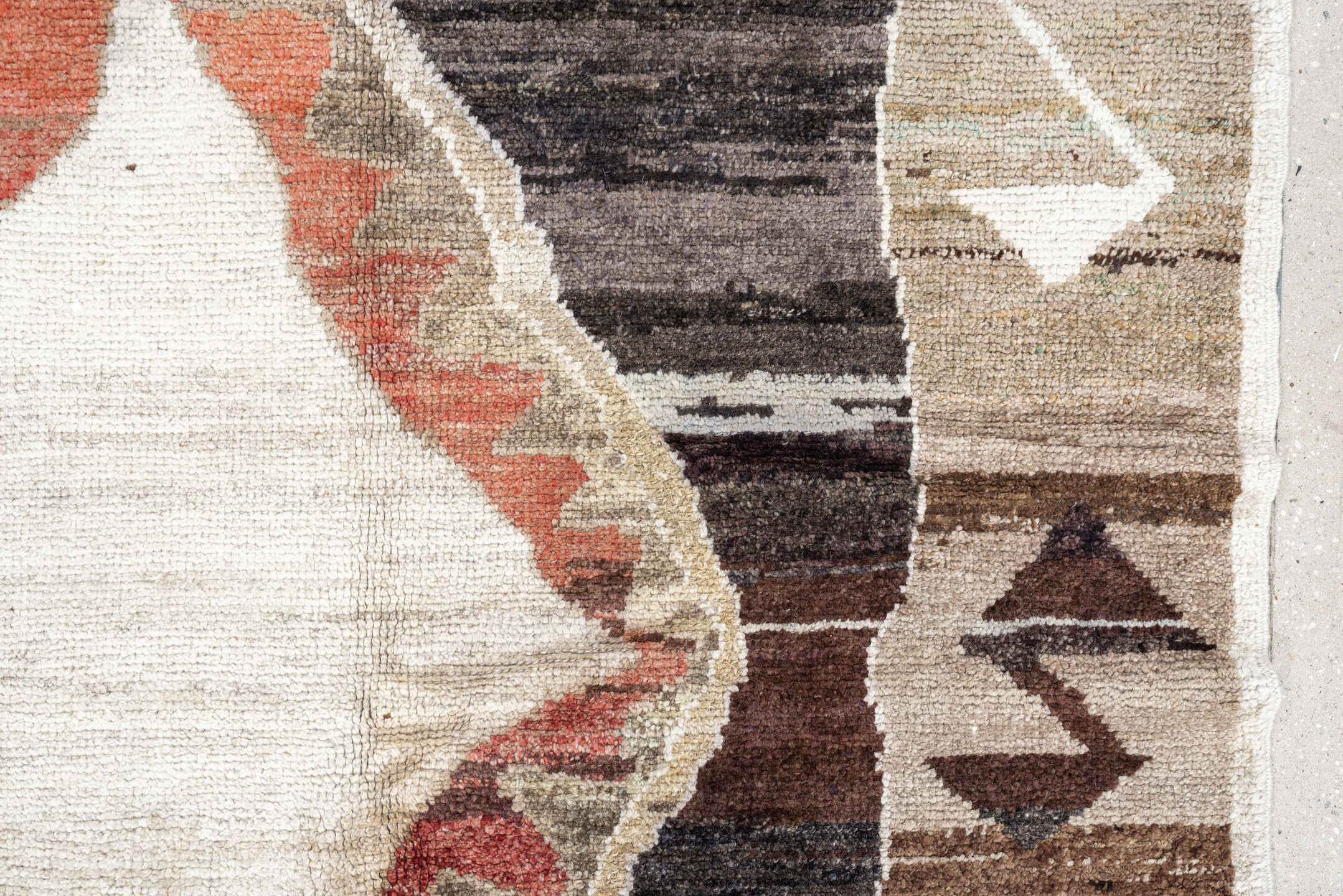 8' x 9' one-of-a-kind handmade antique Kars rug. Color palette: brown, ivory, taupe, charcoal, camel, coral, slate, cream