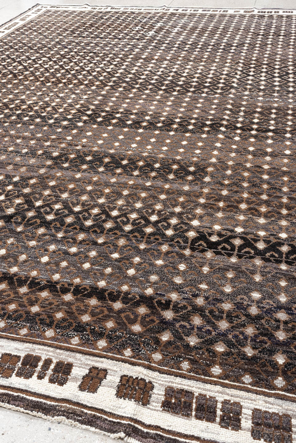 10' x 14' one-of-a-kind handmade vintage Kars oversize rug. Color palette: charcoal, ivory, taupe, brown, camel, gray, black