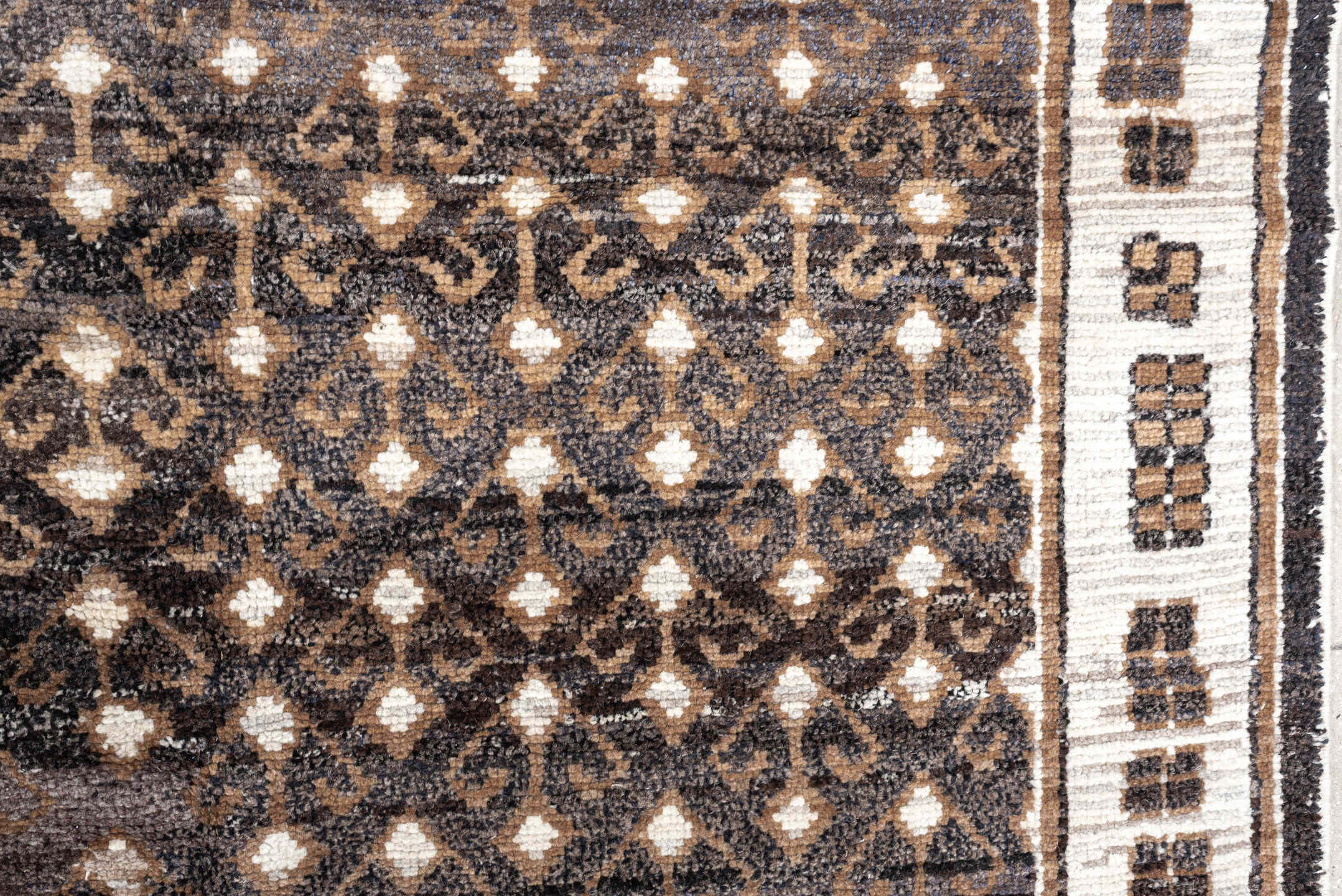 10' x 14' one-of-a-kind handmade vintage Kars oversize rug. Color palette: charcoal, ivory, taupe, brown, camel, gray, black