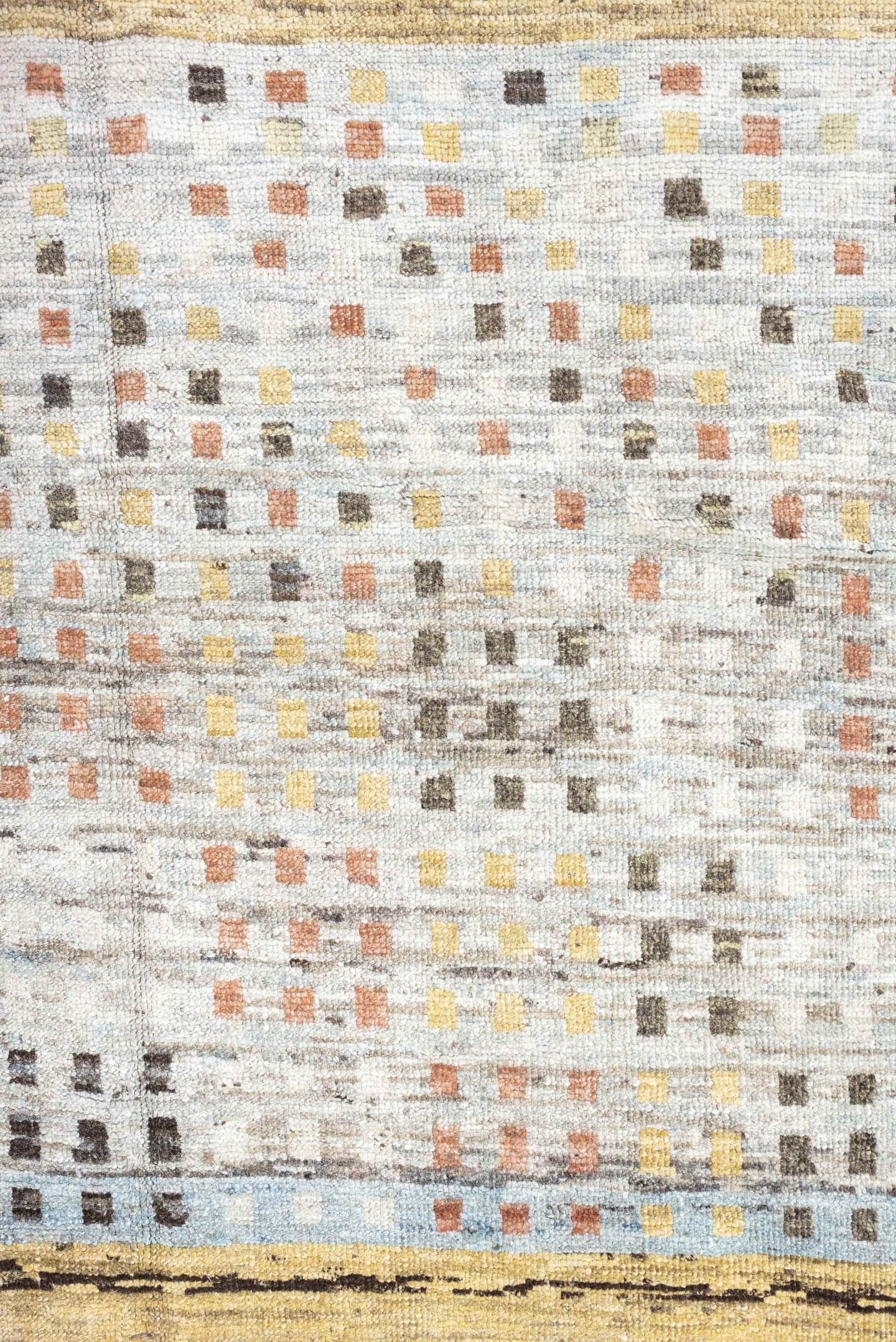 6' x 8' one-of-a-kind handmade antique Gabbe rug. Color palette: gold, charcoal, ivory, camel, coral, slate, sage, rose