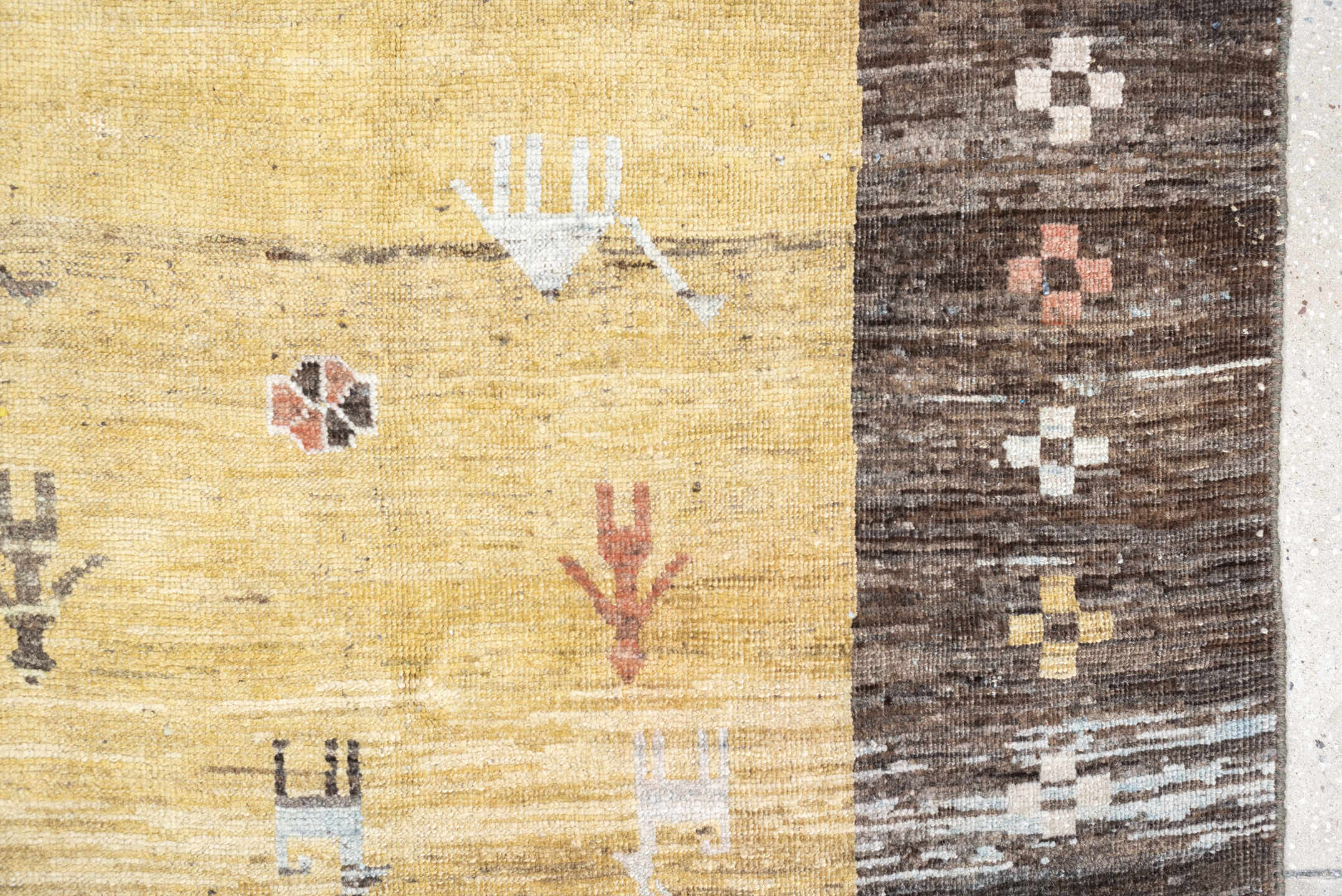 6' x 8' one-of-a-kind handmade antique Gabbe rug. Color palette: gold, charcoal, ivory, camel, coral, slate, sage, rose