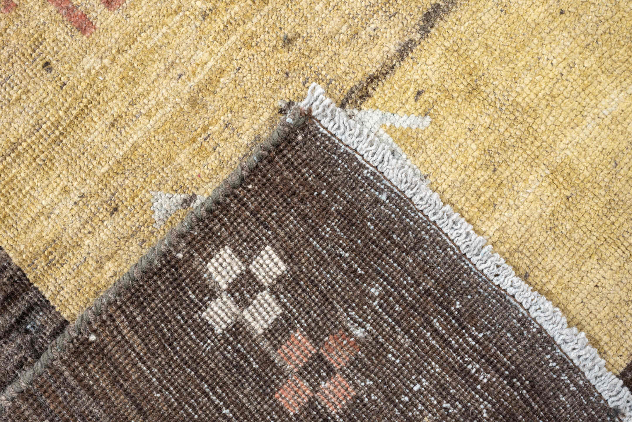 6' x 8' one-of-a-kind handmade antique Gabbe rug. Color palette: gold, charcoal, ivory, camel, coral, slate, sage, rose