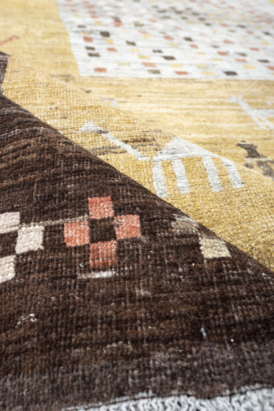6' x 8' one-of-a-kind handmade antique Gabbe rug. Color palette: gold, charcoal, ivory, camel, coral, slate, sage, rose