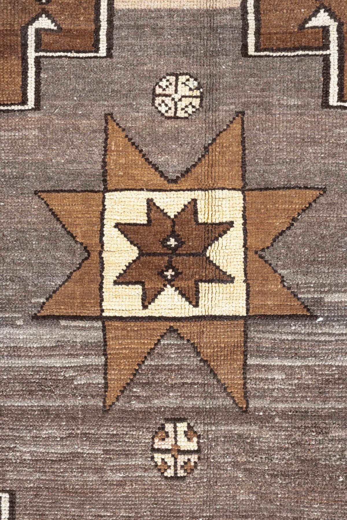 8' x 10' one-of-a-kind handmade antique Kars large size rug. Color palette: camel, ivory, taupe, brown, slate, charcoal