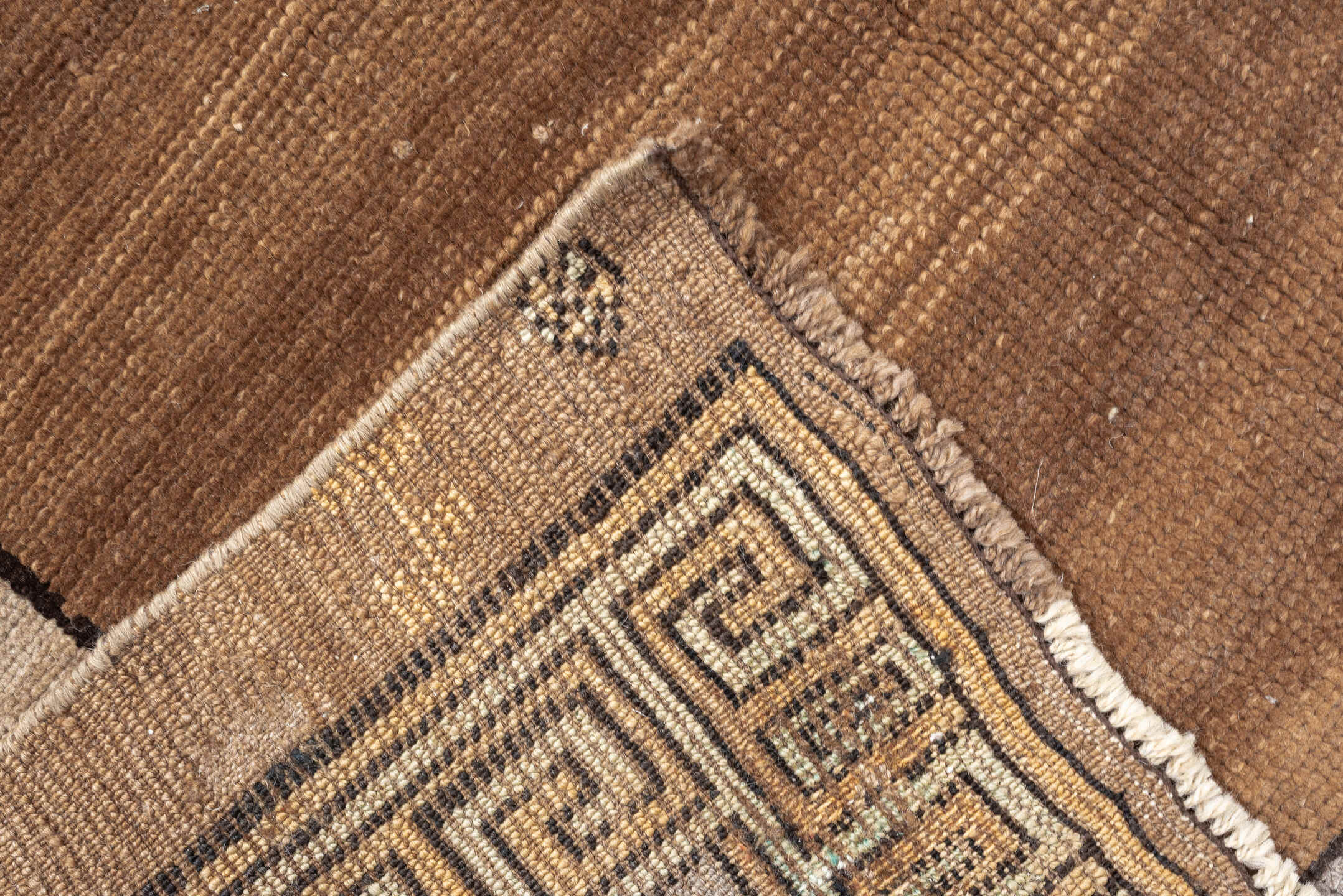 8' x 10' one-of-a-kind handmade antique Kars large size rug. Color palette: camel, ivory, taupe, brown, slate, charcoal