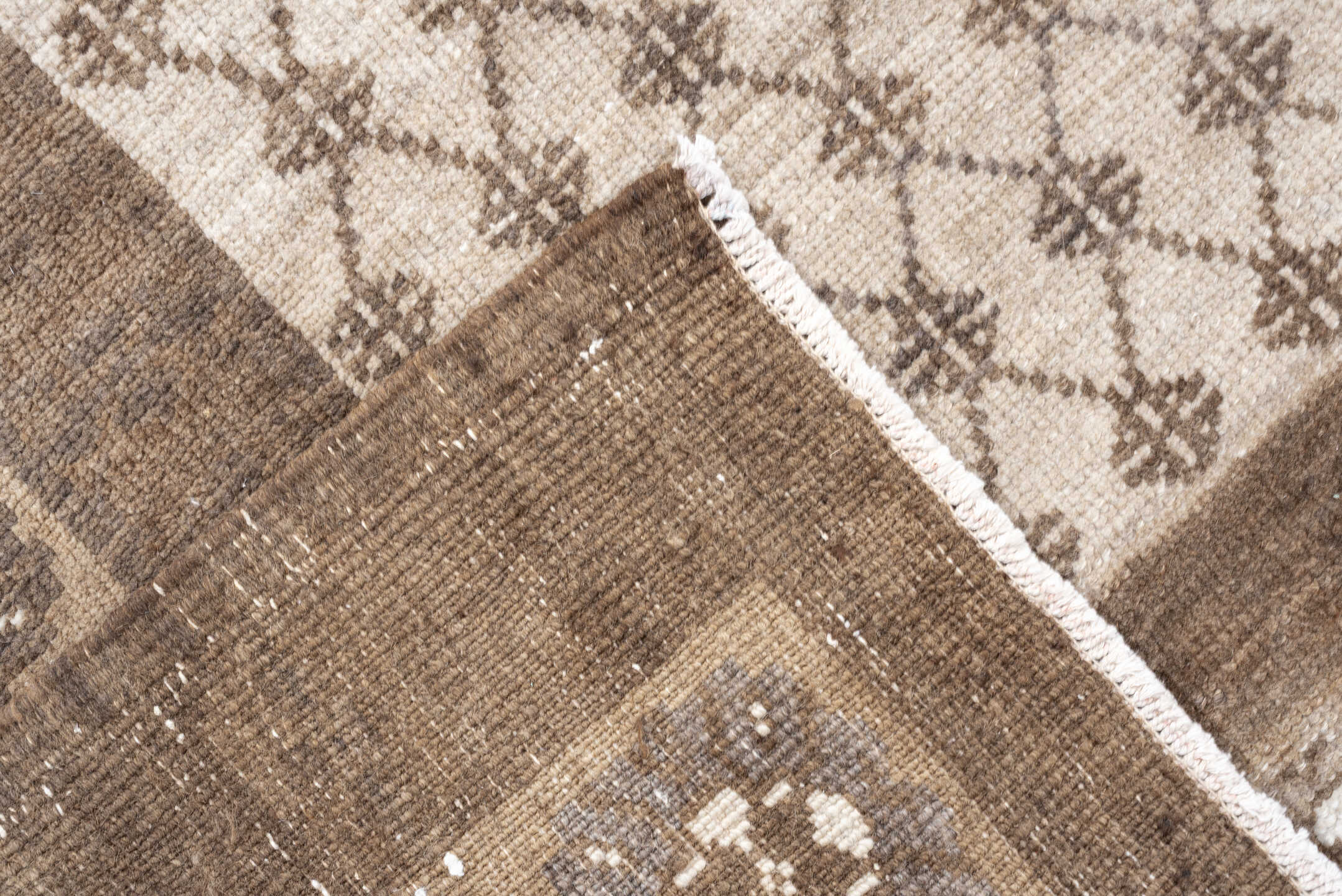 8' x 9' one-of-a-kind handmade antique Kars large size rug. Color palette: taupe, ivory, beige, camel, cream, gray
