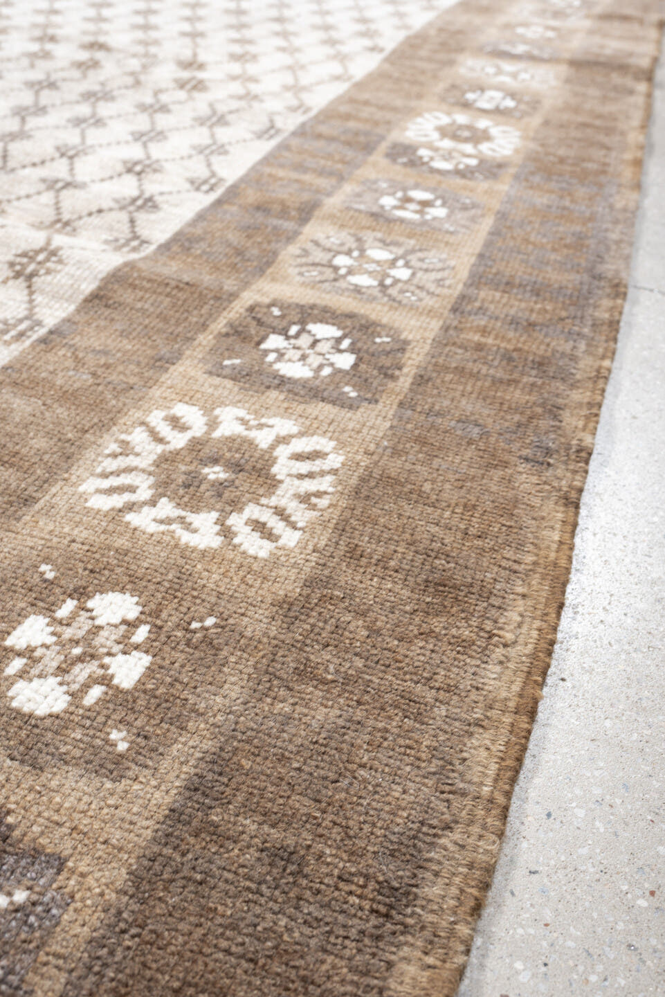 8' x 9' one-of-a-kind handmade antique Kars large size rug. Color palette: taupe, ivory, beige, camel, cream, gray