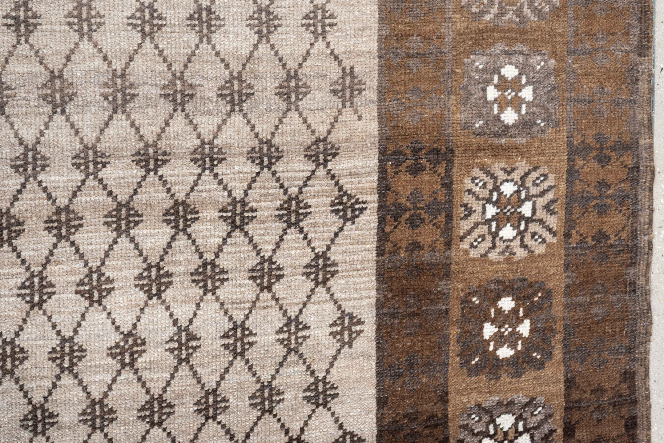 8' x 10' one-of-a-kind handmade antique Kars large size rug. Color palette: ivory, taupe, brown, camel, charcoal, beige
