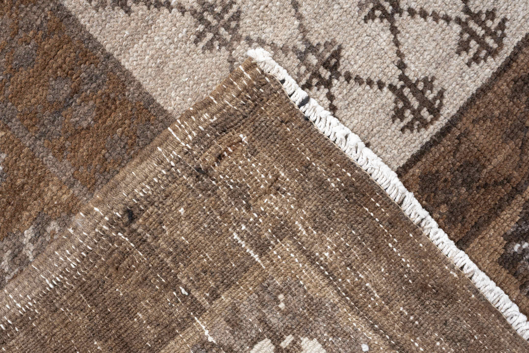 8' x 10' one-of-a-kind handmade antique Kars large size rug. Color palette: ivory, taupe, brown, camel, charcoal, beige