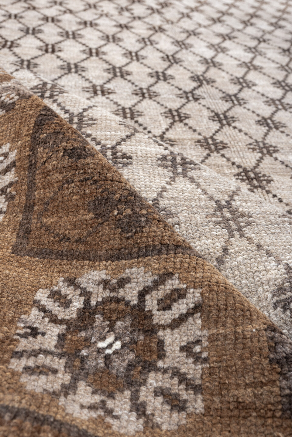 8' x 10' one-of-a-kind handmade antique Kars large size rug. Color palette: ivory, taupe, brown, camel, charcoal, beige