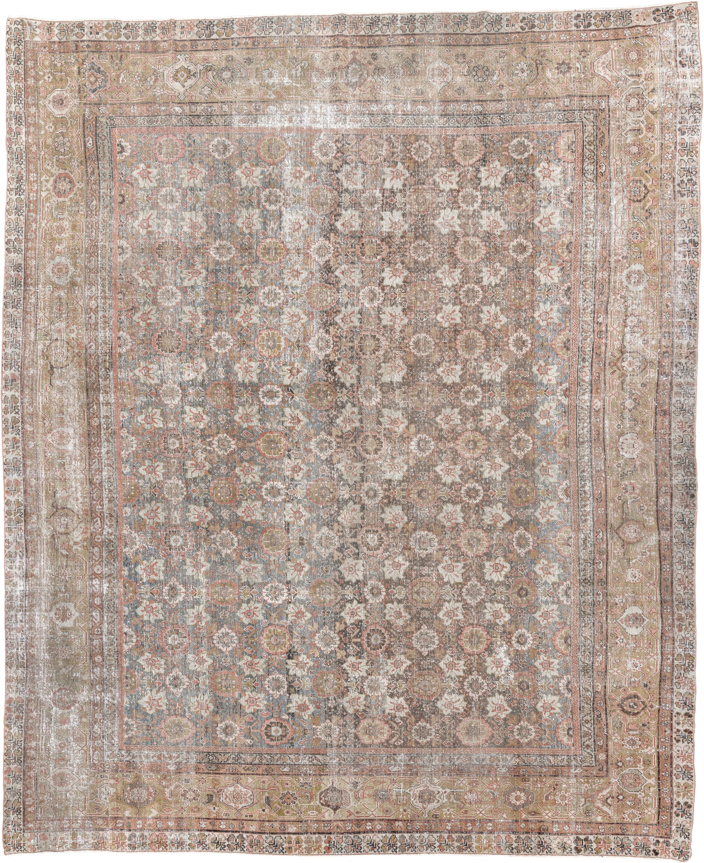 12' x 13' one-of-a-kind handmade antique Mahal oversize rug. Color palette: taupe, sage, ivory, rose, dusty blue, beige