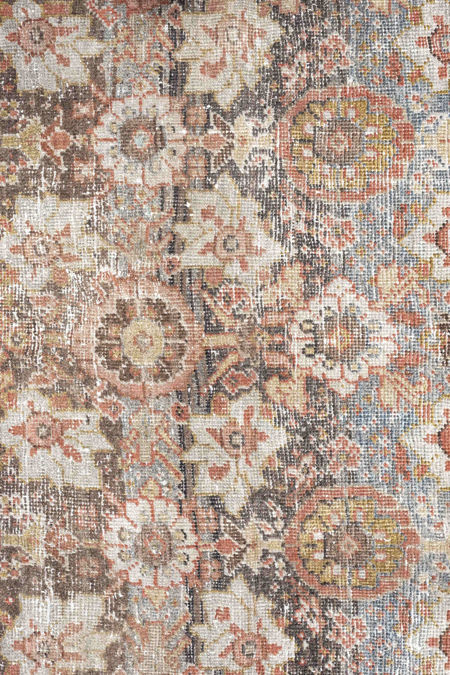 12' x 13' one-of-a-kind handmade antique Mahal oversize rug. Color palette: taupe, sage, ivory, rose, dusty blue, beige