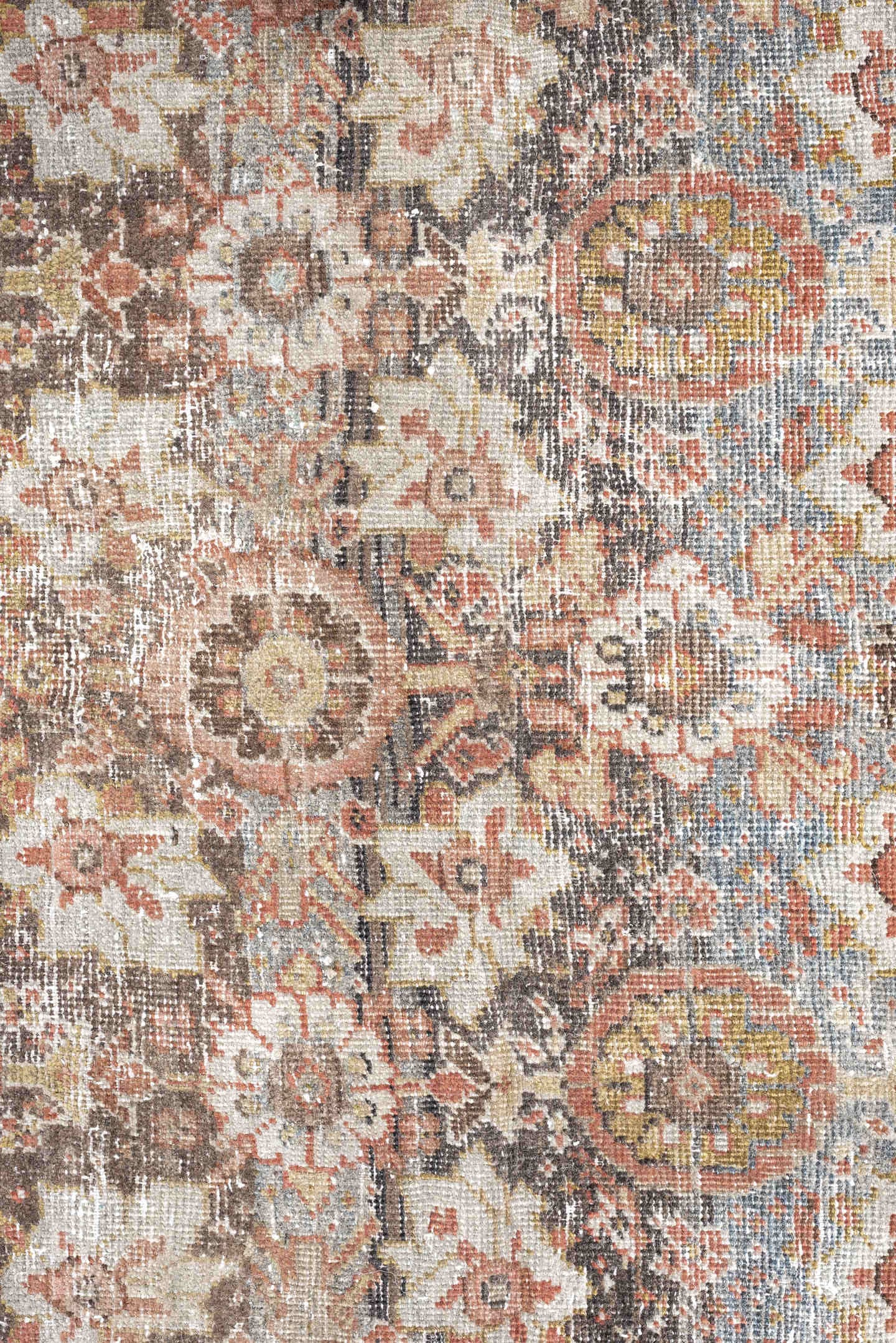 12' x 13' one-of-a-kind handmade antique Mahal oversize rug. Color palette: taupe, sage, ivory, rose, dusty blue, beige