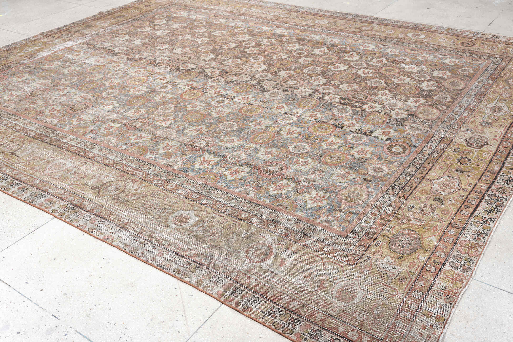 12' x 13' one-of-a-kind handmade antique Mahal oversize rug. Color palette: taupe, sage, ivory, rose, dusty blue, beige