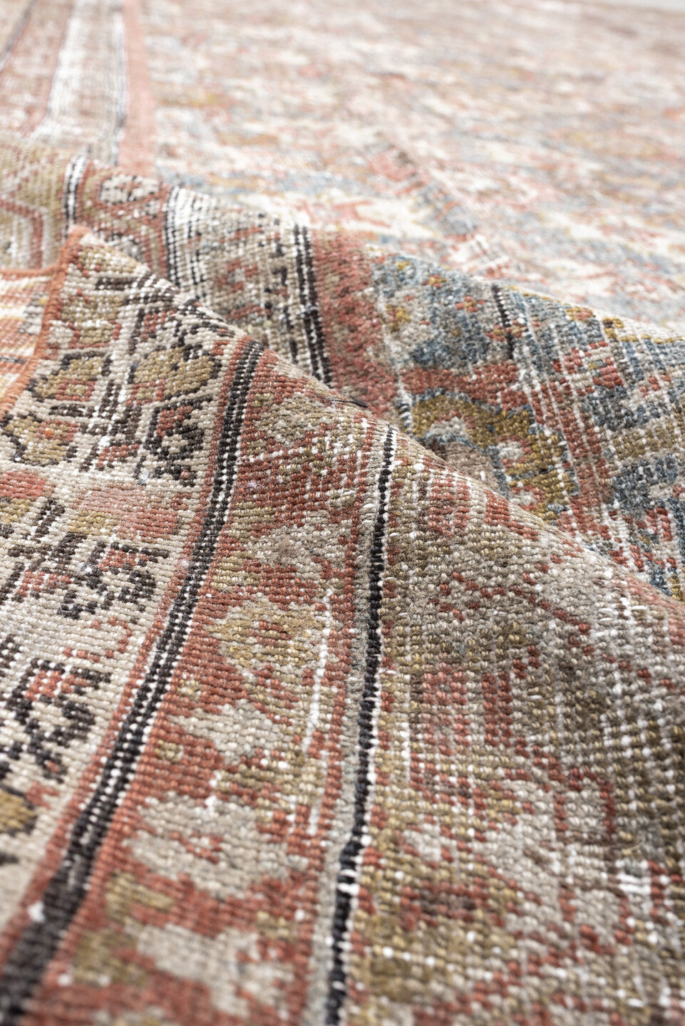 12' x 13' one-of-a-kind handmade antique Mahal oversize rug. Color palette: taupe, sage, ivory, rose, dusty blue, beige