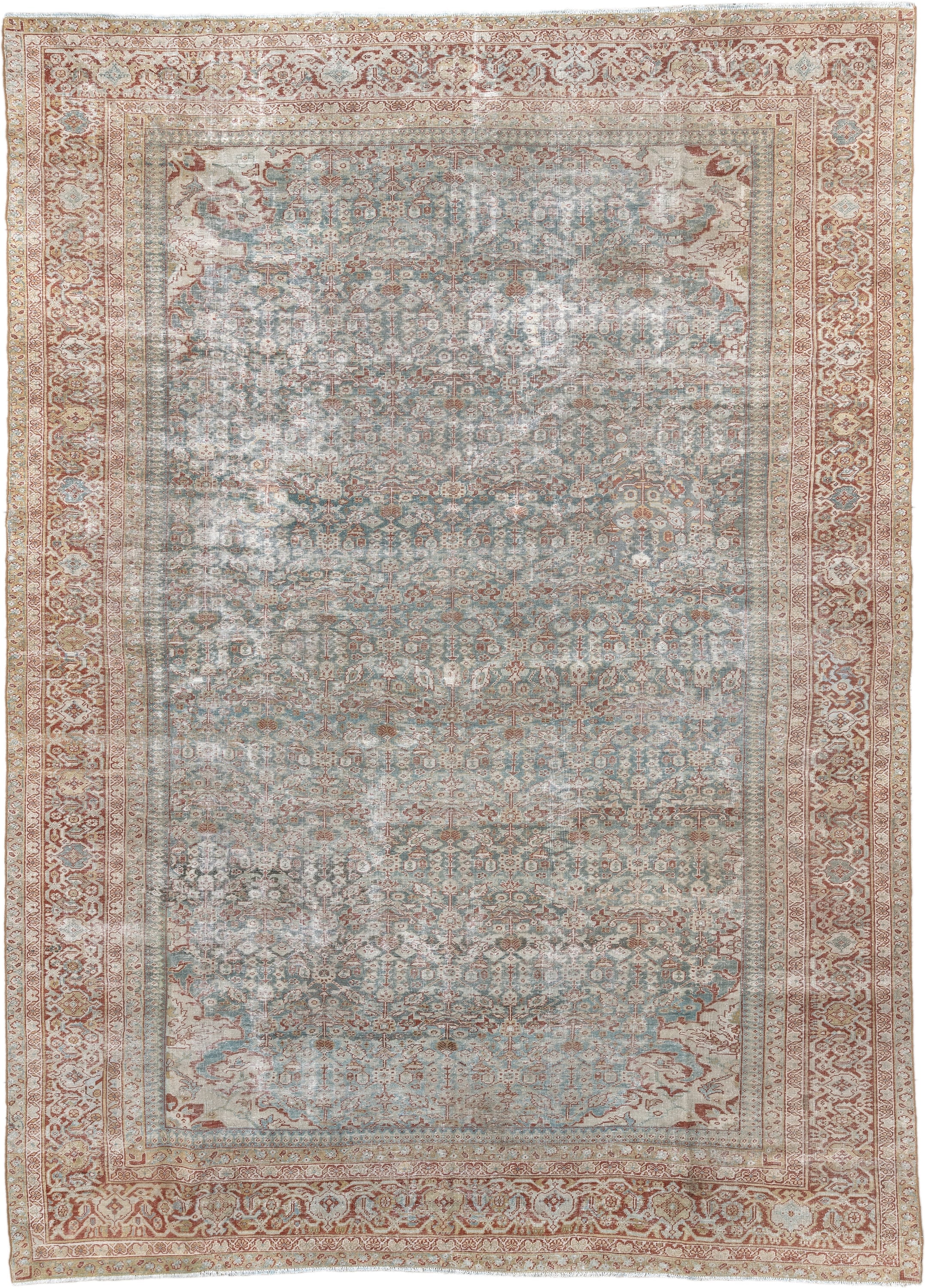 10' x 14' one-of-a-kind handmade antique Mahal large size rug. Color palette: pale blue, rust, ivory, beige, taupe, camel